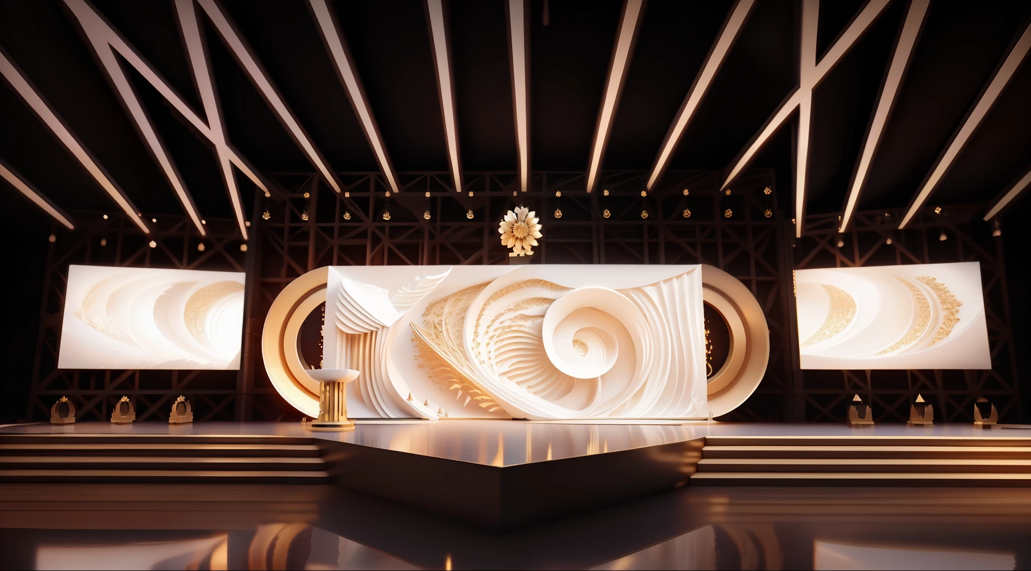 masterpiece,Award ceremony stage design,Large LED screen、Podium and golden decorations on black background。In the center is a huge golden emblem,It says "The Herald",On the stage is a white table and beams。Dark background、Minimalism、Cinema4D Rendering、miwa komatsu、flat、high contrast shadows,virtual engine,Rendered by octane,Lovely rendering,3D Rendering,Adobe Photoshop,Great beauty