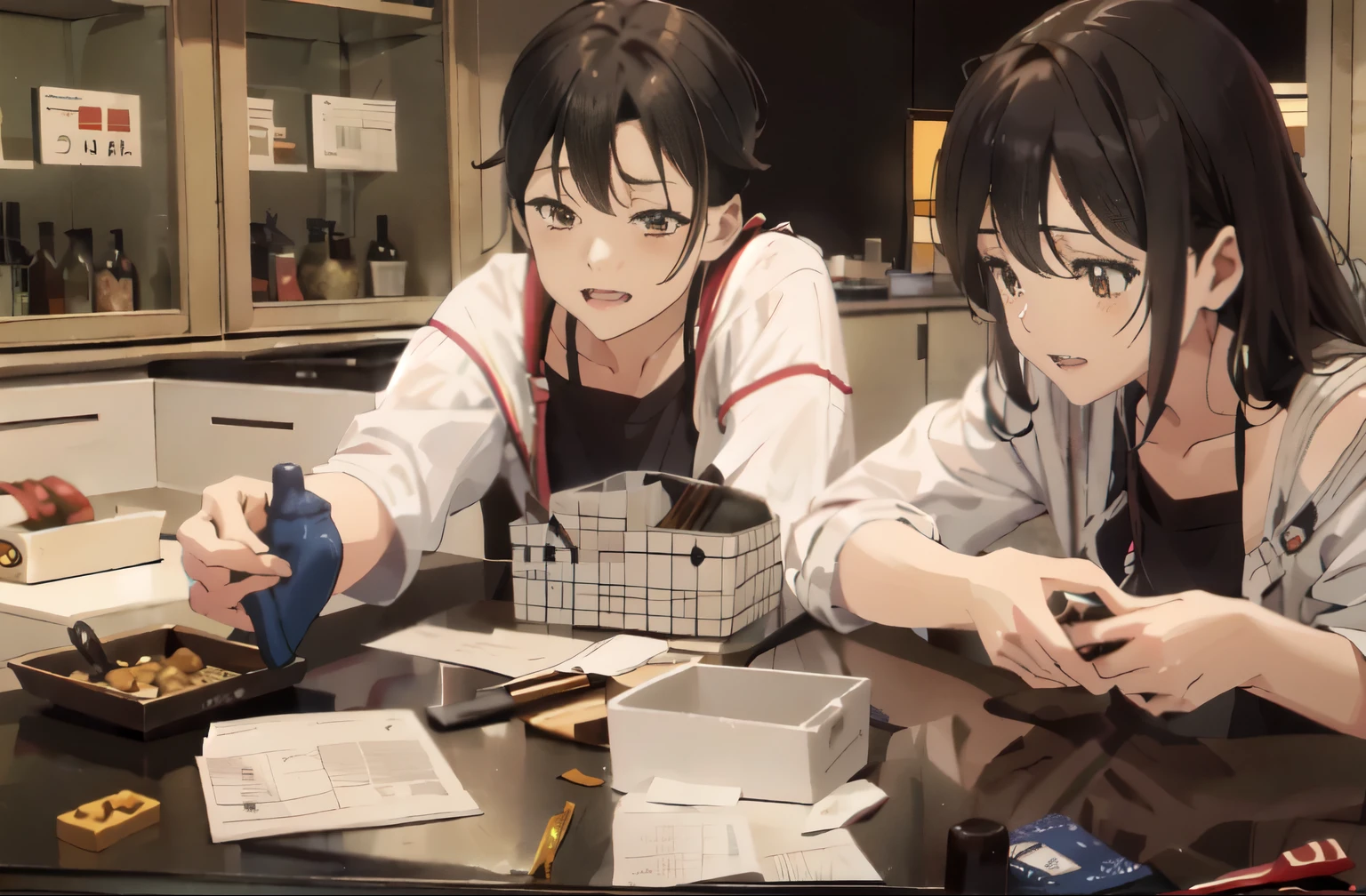 Mouth open because of laughing,On the left is a man子高校生で右は女子高校生で笑っているアニメキャラクター, Japanese high school laboratory, On the left is a man,Smiling and laughing,Ghibli style anime, Kyoto Animation Style,hair is black, CG, High quality anime art style, Smiling and having fun