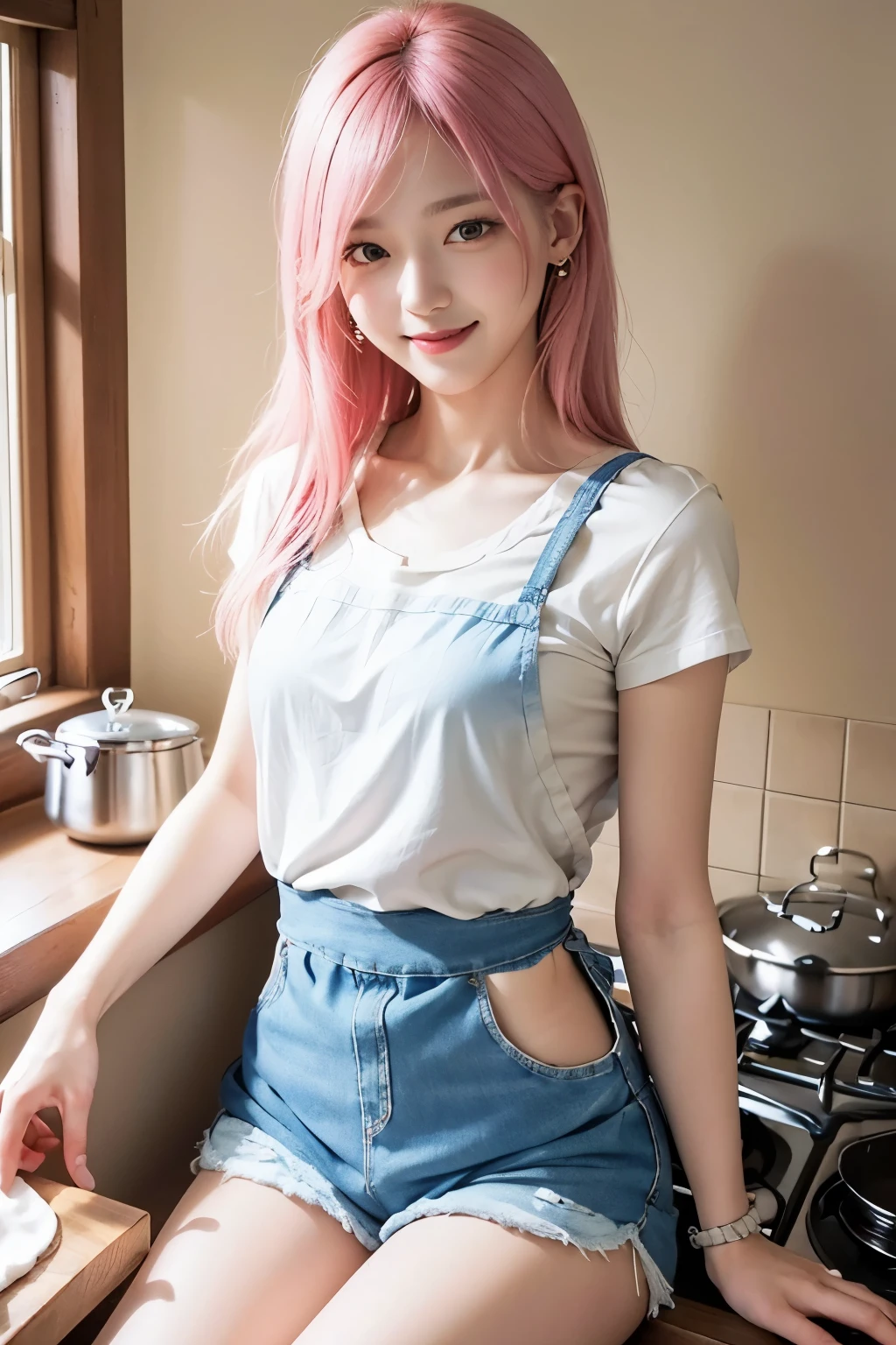 (8K, top-quality, masterpiece:1.2), (realistic, Photorealistic:1.37), Super Detail, One girl, (Highly detailed), (beautifully detailed eyes), (of the highest quality), (super detailed), (masterpiece), (Detailed face), 20yr old, 1 girl, (pink hair, long hair:1.2), medium breasts, clothed, Perfect Lighting, BREAK, (cooking apron:1.5), (pastel stripes:1.2), (cotton and linen blend:1.2), (white T-shirt:1.3), (denim shorts:1.4), (A-line silhouette:1.5), (wooden spoons and whisk in pockets:1.2), (comfortable flat shoes:1.3), (simple stud earrings:1.2), BREAK (upper body to knees:1.2), (smile:1.2), (looking at viewer:1.2), (cooking), (warm kitchen background:1.2), (soft natural light:1.2)