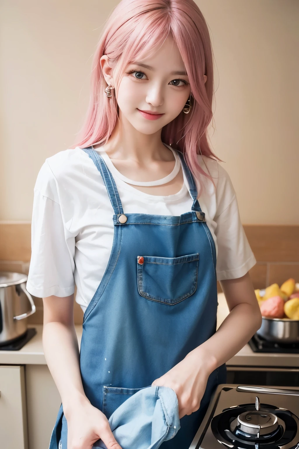 (8K, top-quality, masterpiece:1.2), (realistic, Photorealistic:1.37), Super Detail, One girl, (Highly detailed), (beautifully detailed eyes), (of the highest quality), (super detailed), (masterpiece), (Detailed face), 20yr old, 1 girl, (pink hair, long hair:1.2), medium breasts, clothed, Perfect Lighting, BREAK, (cooking apron:1.5), (pastel stripes:1.2), (cotton and linen blend:1.2), (white T-shirt:1.3), (denim shorts:1.4), (A-line silhouette:1.5), (wooden spoons and whisk in pockets:1.2), (comfortable flat shoes:1.3), (simple stud earrings:1.2), BREAK (upper body to knees:1.2), (smile:1.2), (looking at viewer:1.2), (cooking), (warm kitchen background:1.2), (soft natural light:1.2)