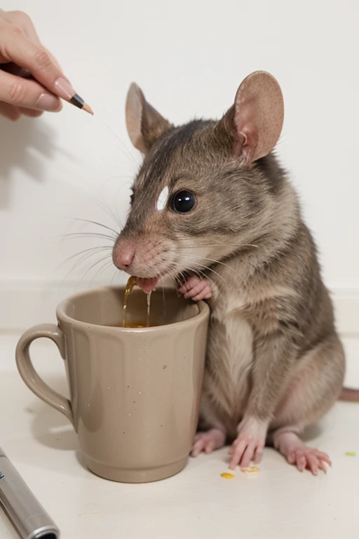 pencil sketch of a rat drinking from a cup that says karina urinalysis