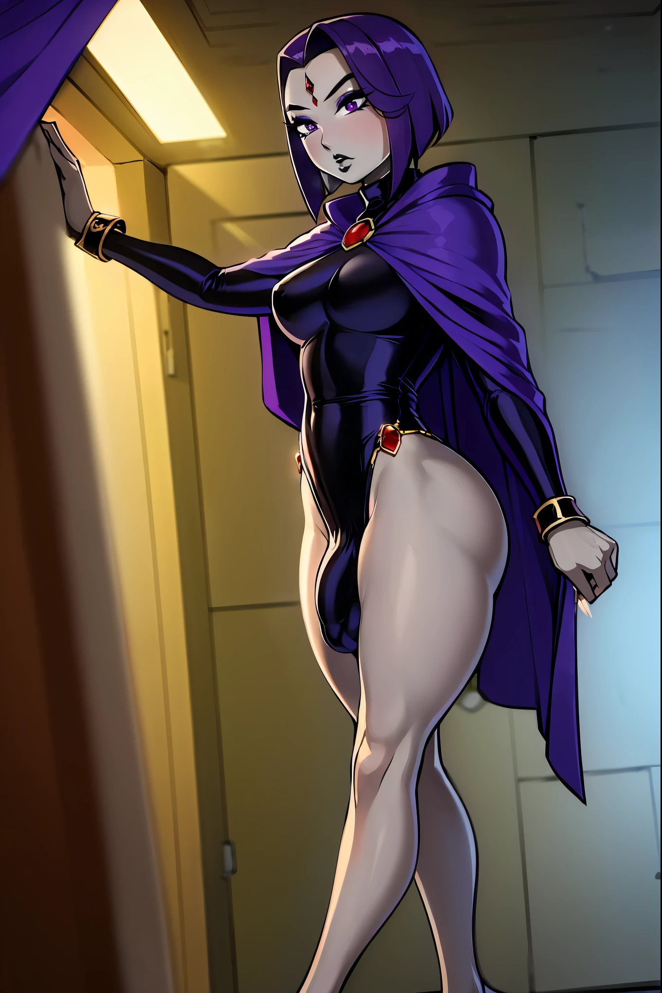 (solo:1.1),(masterpiece), (best quality:1.3), ultra detailed, intricate, professional art, digital art, absurdres, shadraven, (Full body view:1.1), 1girl, solo, (grey skin:1.4), dark purple hair, bob hair, purple eyes, hips wider than shoulders, pear shaped body, jewellery, detailed thighs, thick thighs, red jewel in forehead, jewels, (long sleeved turtleneck leotard:1.3), cuffs, small breasts, (shadraven dark purple cloak), (Shadraven broach:1.2), Shadraven jewel belt, Shadraven wearing a long sleeved leotard outside at night, long legs, ( long crotch bulge:1.4), large penis, large testicles, erection under clothes, side angle view, looking at viewer, bubble butt , gluteal crease, universal lighting,,
