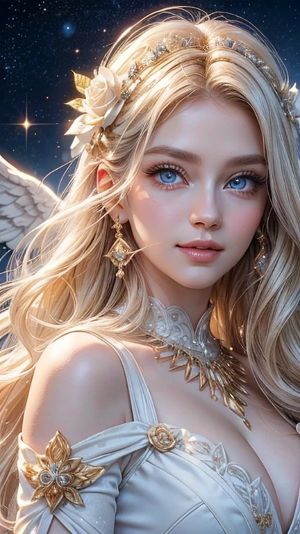 from the front, Look directly at the viewer, angel,A charming and kind smile, White skin、Big Blue Eyes, Long eyelashes、Blond hair with loose waves,Beautiful gold engraving, jewels and white rose hair ornament、 White soft material angel dress,Space background with lots of sparkling stars,, Realistic,High resolution8K