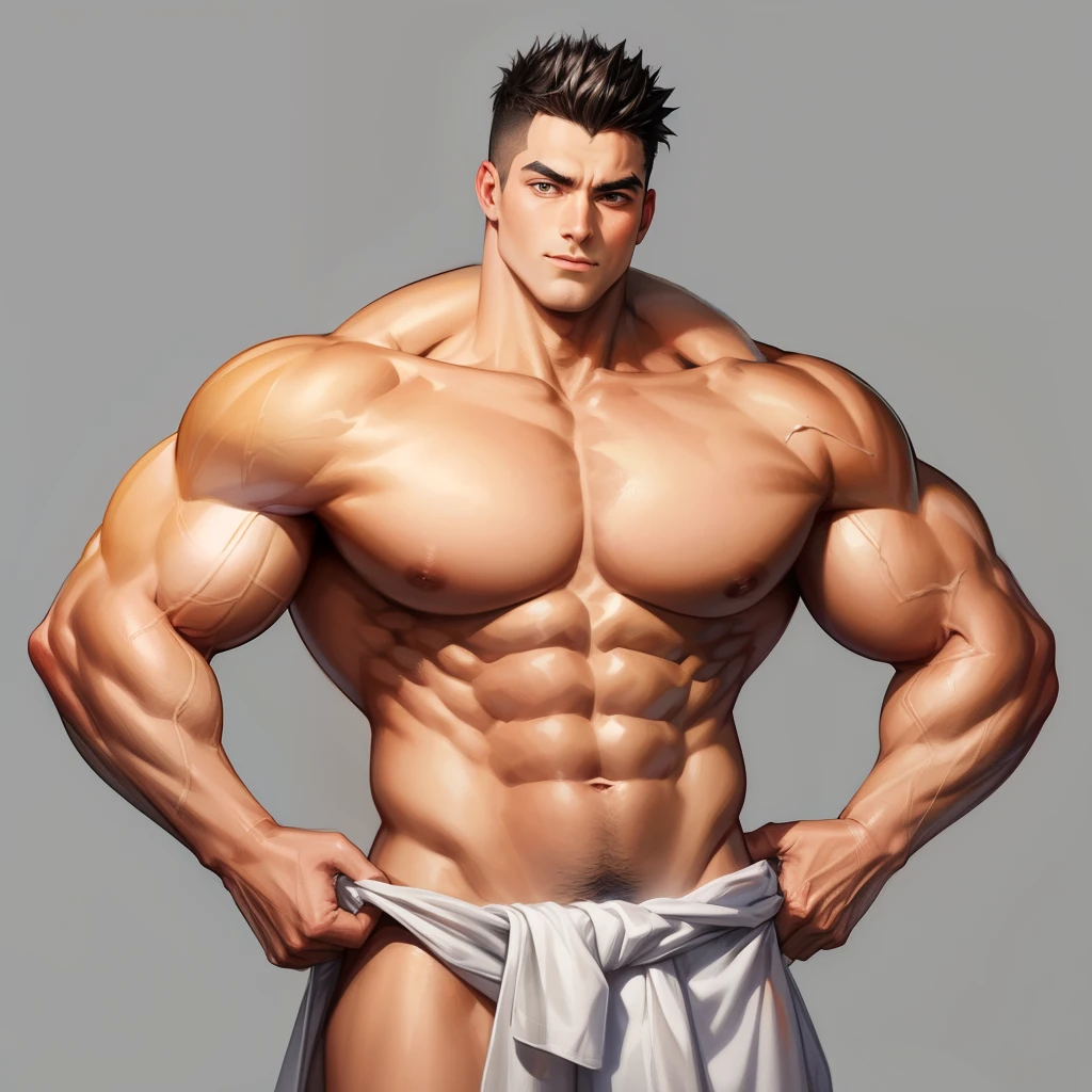 Wrapping a white towel around his waist