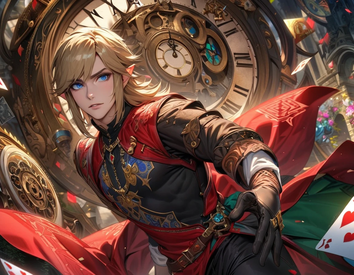 Ultra detailed, highres, absurdres, HDR, Link, ash blond hair, blue eyes, the legend of zelda, red long coat, black tight shirt with patterns, clock, gear, in wonderland, heart cards, sexy man, solo, handsome, very detailed face and eyes, black gloves