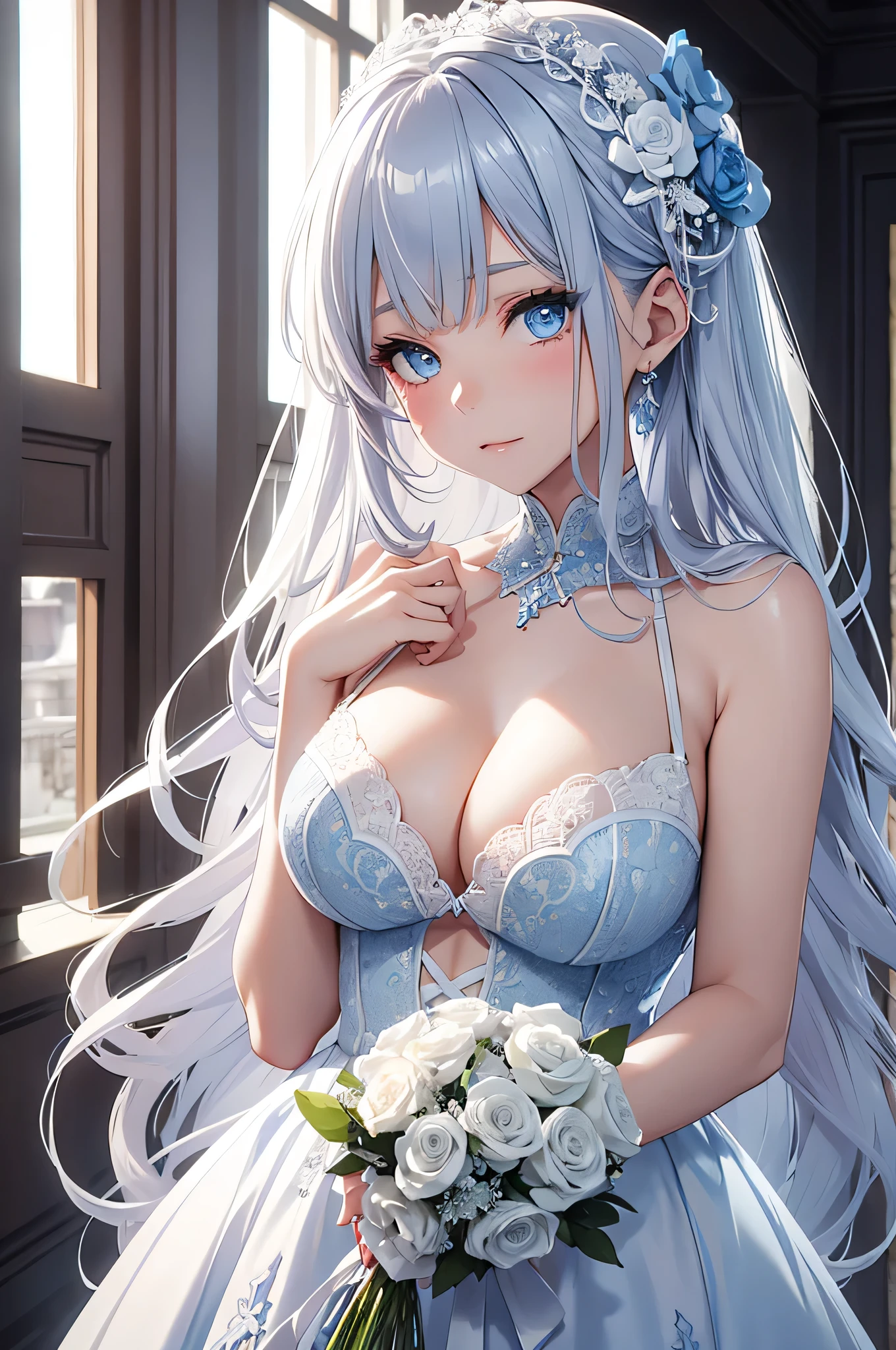 beautiful girl, Gray Hair, blue eyes, y light blue wedding dress with white lace, Bigue hair ornament、to close range