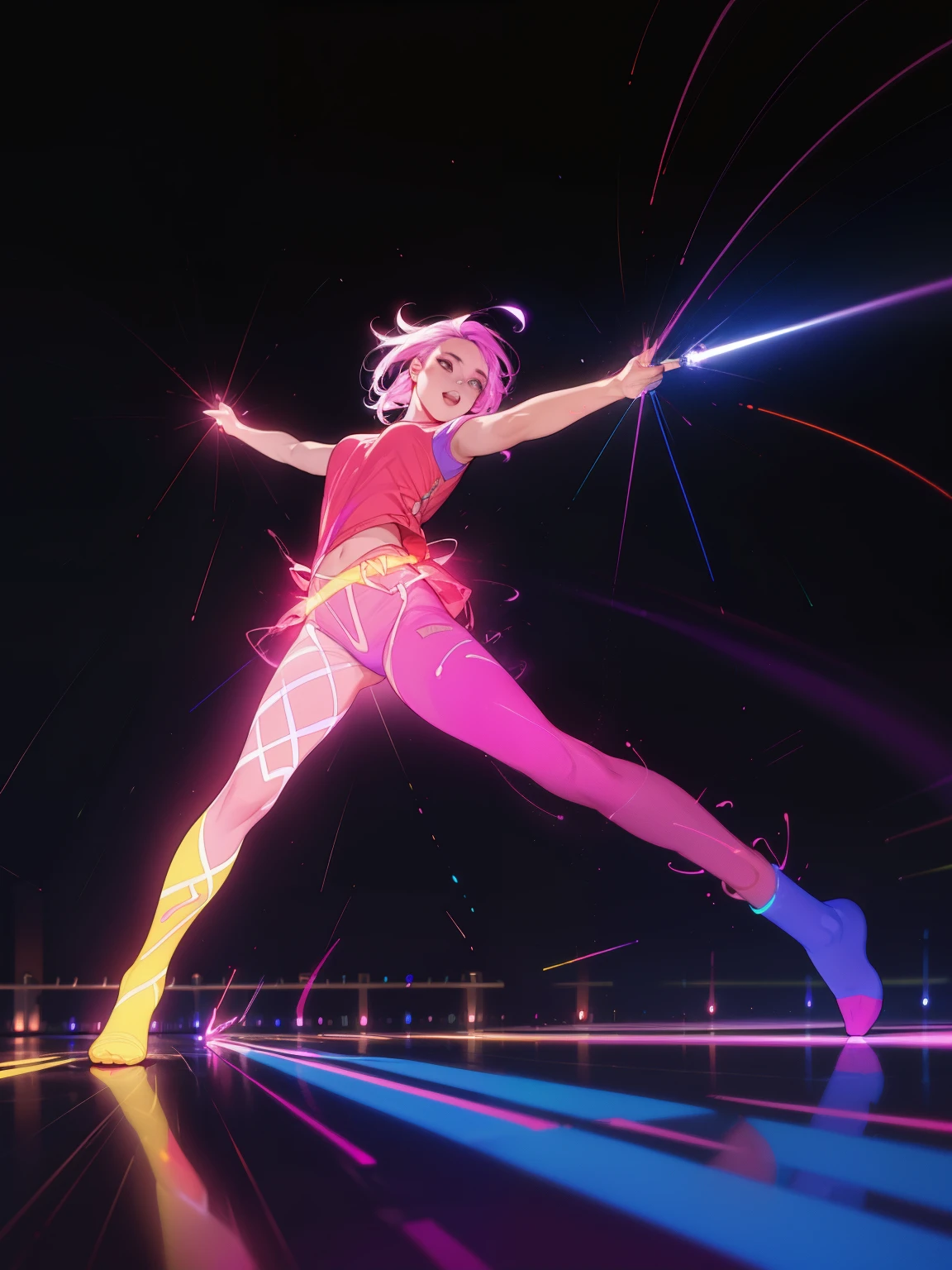 (a girl holding a penlight, vibrant colors, light painting, glowing traces, artistic expression, dynamic movements, mesmerizing performance), art photography, long exposure, vivid color palette, professional lighting, sharp focus, ultra-detailed, bokeh, portraits.