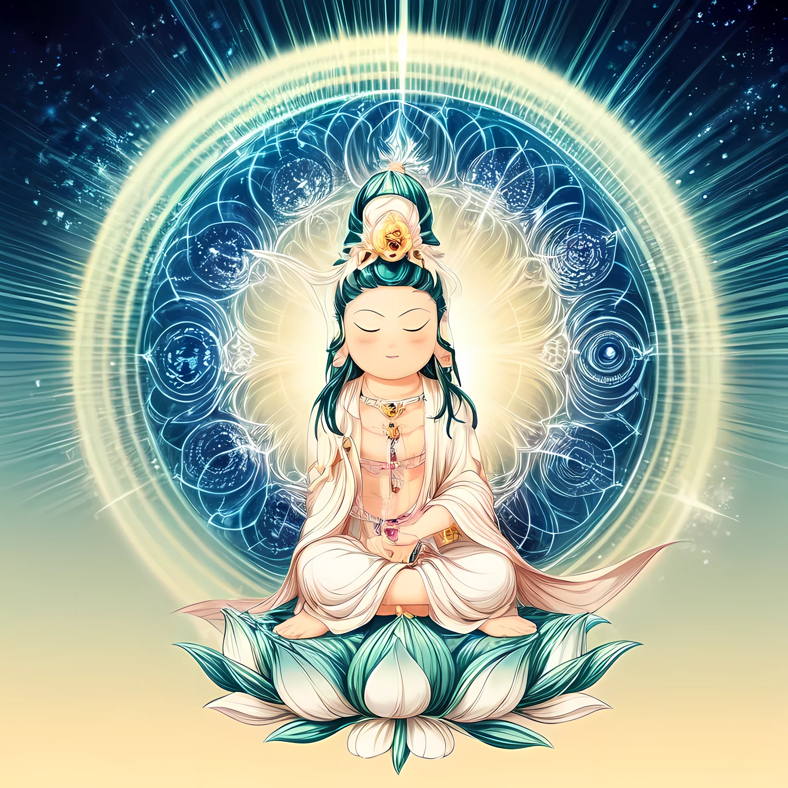 ((mantra and guanyin ,1boy)),green theme,cloud,stars,starry sky,rainbow,night,sun,crown,necklace,circle,sitting on lotus,(white flower,white lotus),jewelry,bracelet,crescent moon,earrings,magic circle,flower,bird,clock,holding flower,