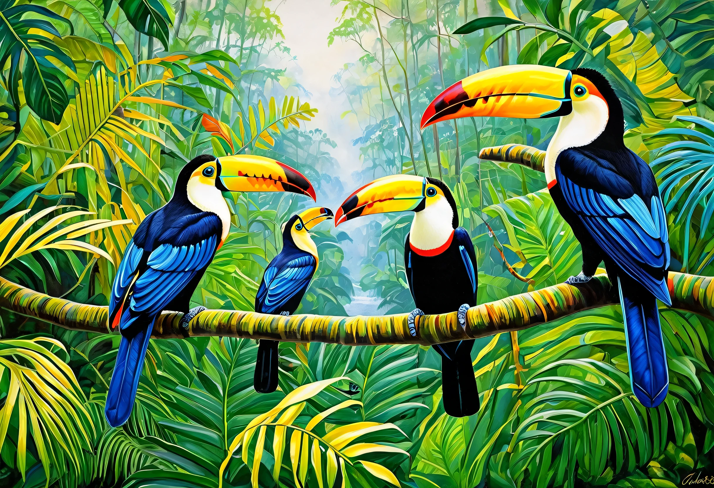 painting of a toucans perched on a branch in a tropical forest, Acrylic painting inspired by Charles Bird King, CG Association Contest Winner, Fine art, toucans, Tall beautiful paintings, Rare bird in the jungle, 6 toucans beaks, Blue and yellow animals, Tropical birds, Yellow beak, Look here, Paintings by Norman Mingo