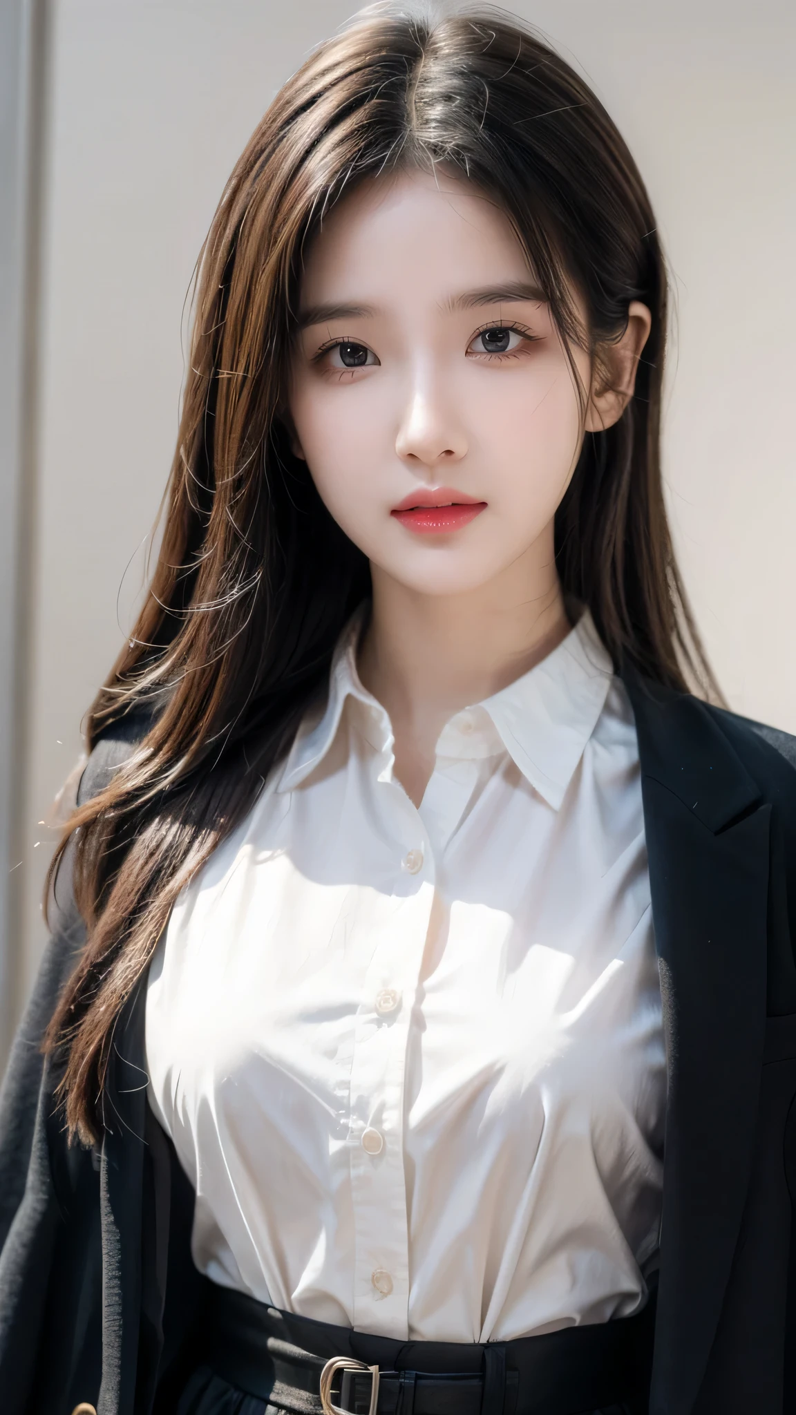 best quality, ultra high res, (photorealistic:1.4), 1girl, button shirt, black skirt, school, dark brown hair, breasts, (blonde hair:1.2), looking at viewer, (highly detailed face:1.1),,  (PureErosFace_V1:0.8),tiktok,  
