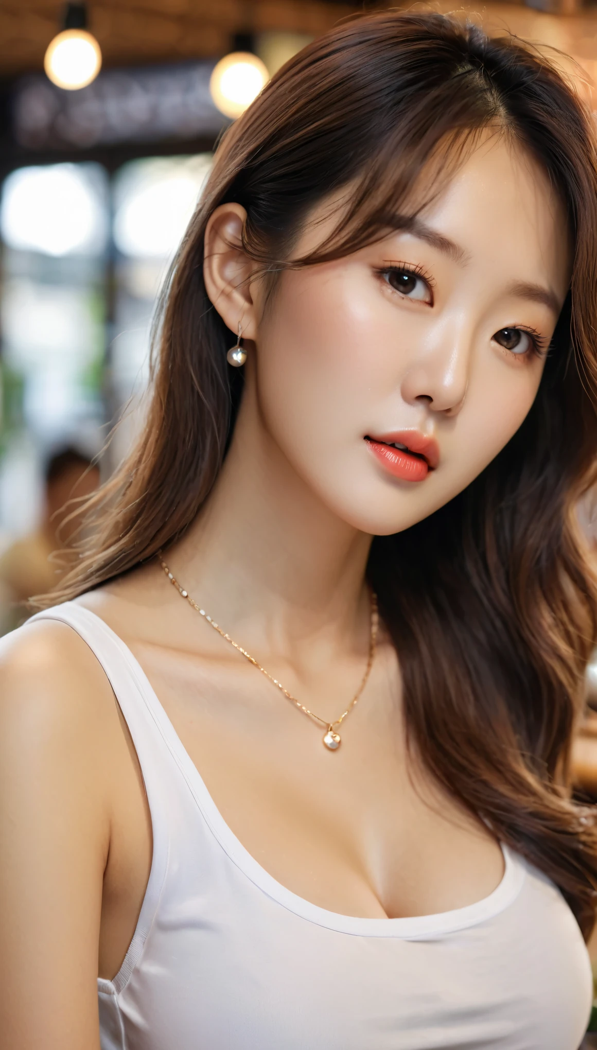 close-up of beautiful korean female, 34 inch breasts size, wearing tank top, necklace, in the cafe, bokeh background, UHD