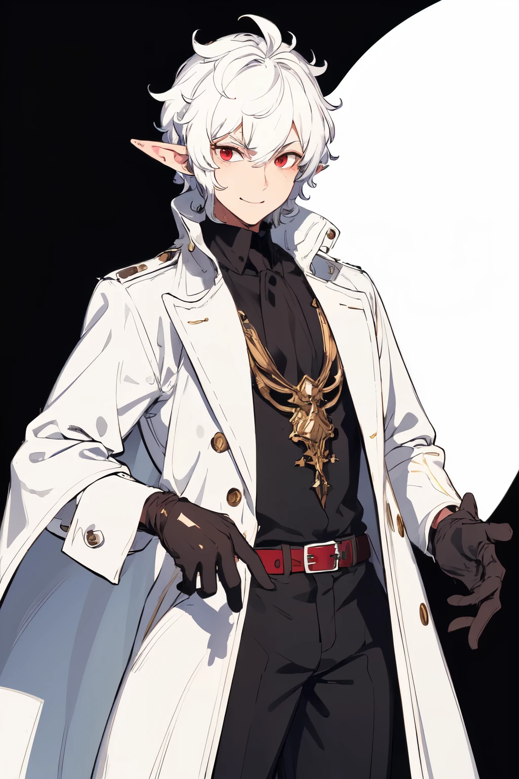 ultra detailed, masterpiece, best quality, solo, cowboy shot, facing viewer, man, wavy short white hair, wearing a long white trenchcoat, tightening his black leather gloves, Elf Ears, Red eyes, happy expression, receptive