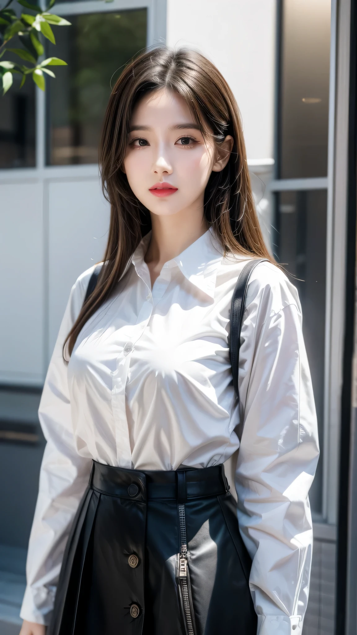 best quality, ultra high res, (photorealistic:1.4), 1girl, button shirt, black skirt, school, dark brown hair, breasts, (blonde hair:1.2), looking at viewer, (highly detailed face:1.1),, (PureErosFace_V1:0.8),tiktok,