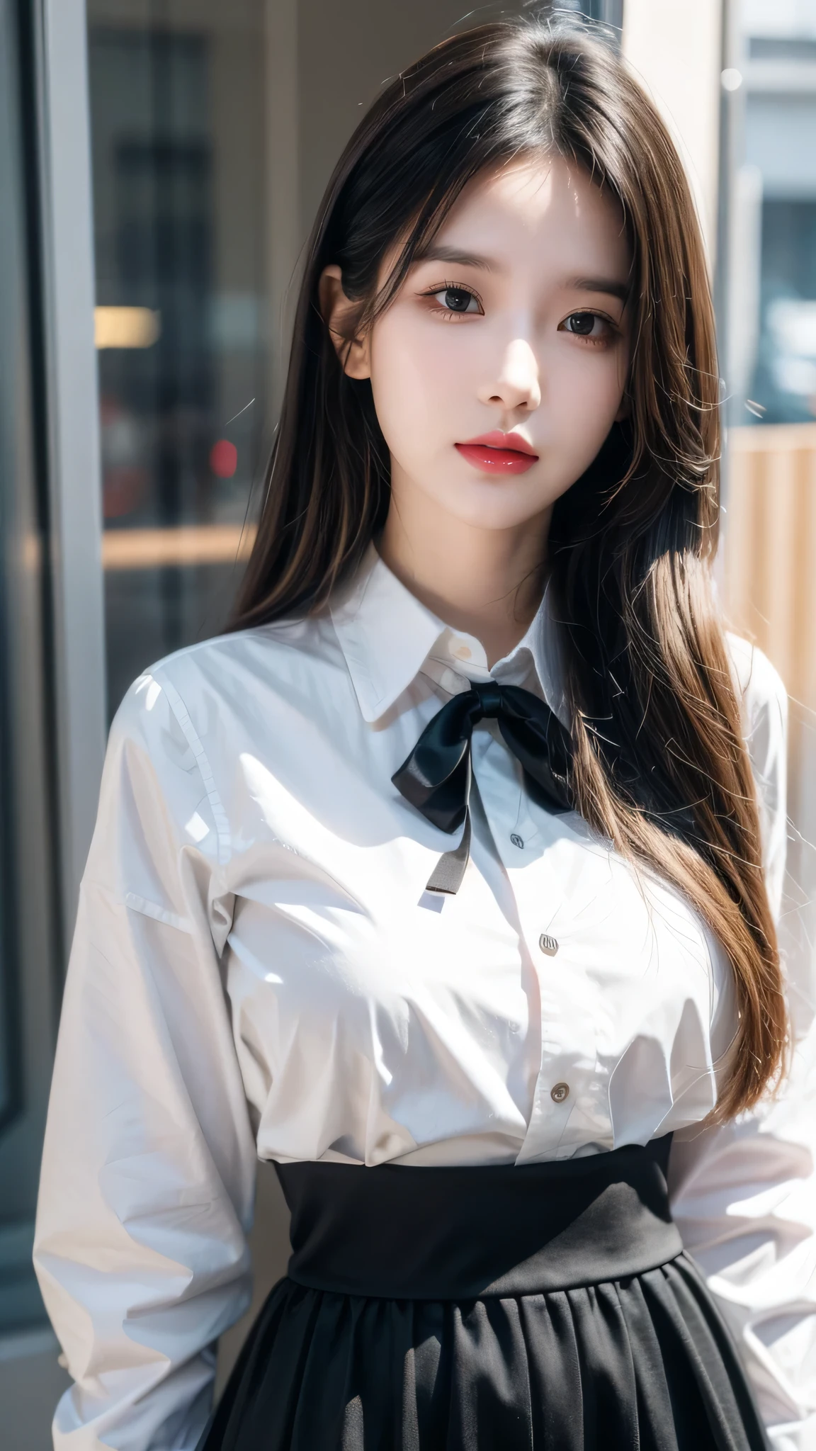 best quality, ultra high res, (photorealistic:1.4), 1girl, button shirt, black skirt, school, dark brown hair, breasts, (blonde hair:1.2), looking at viewer, (highly detailed face:1.1),, (PureErosFace_V1:0.8),tiktok,