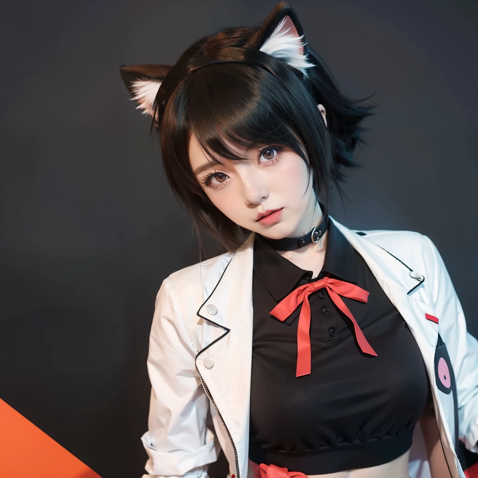 anime girl with cat ears and a black shirt and red bow, akane owari danganronpa, digital art from danganronpa, anime catgirl, chiaki nanami from danganronpa, anime moe artstyle, makoto, persona 5 art style wlop, anime girl with cat ears, anime style character, neferpitou
