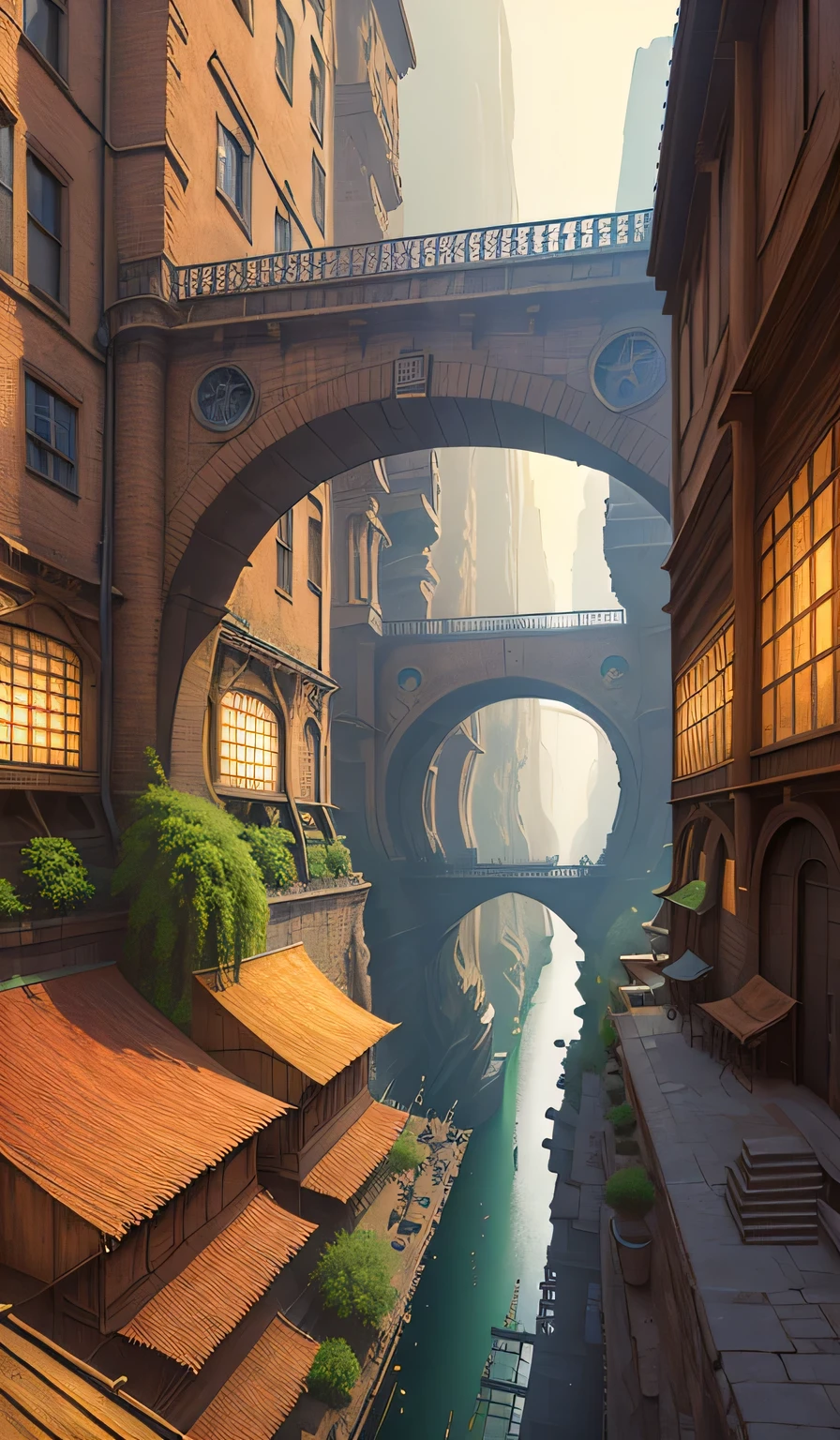 ((masterpiece)),((best quality)),((high detial)),((realistic,))
Industrial age city, deep canyons in the middle, architectural streets, bazaars, Bridges, rainy days, steampunk, European architecture