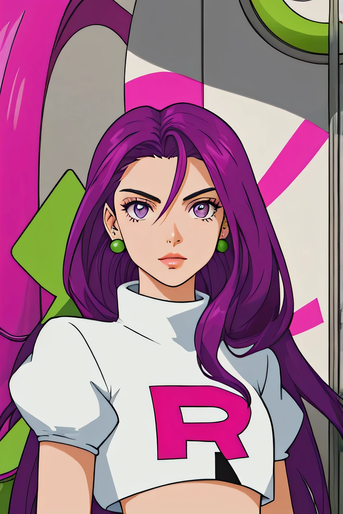 una mujer alta, de cabello largo y curvado de color magenta, ojos azules, usa aretes verdes en las orejas, y constantemente un pintalabios rojo.Por ser parte del Team/Equipo Rocket 