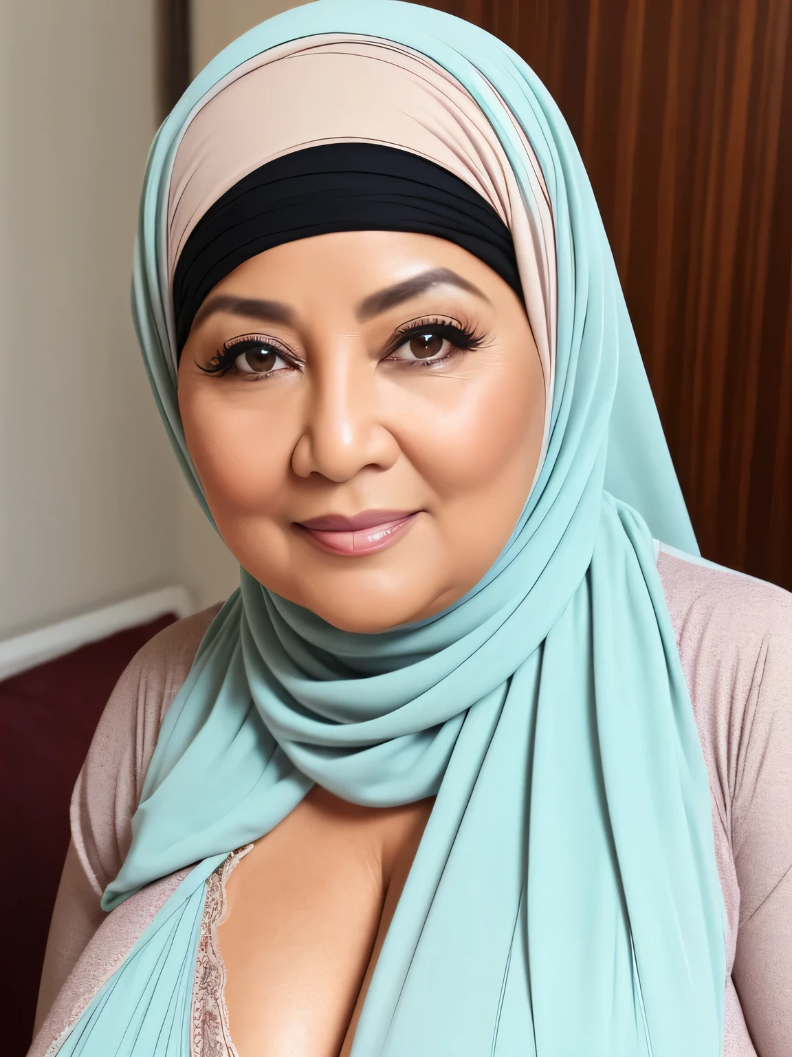 (Realistic) (real mature face) 68 Years old fat Brunei mature woman, sexy curvy, (sexy chubby body shape), wearing Wide Hijab, natural makeup, (her cleavage was exposed), gorgeous eyes, Soft smile