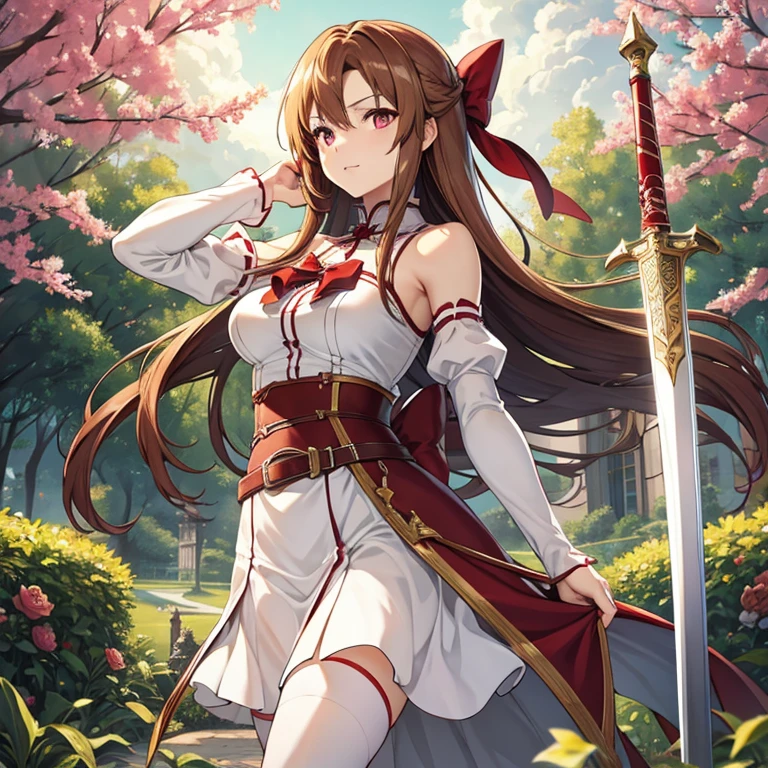 Mature female, extremely fine skin, masterpiece, best quality, extremely detailed face, The best CG, Medium breasts, Bare shoulders, Seductive face, Maroon eyes, Chestnut-colored long straight hair, Bow, White sleeves, white stockings, Red skirt, belt, slim body, watch me, Sword Art Online, Asuna, in the bright garden, Distant view of classical European architecture