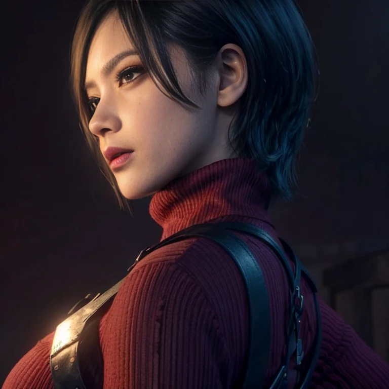 (masterpiece, best quality:1.4), insaneres, absurdres, solo, looking at viewer,BREAK GAME_ResidentEvil4Remake_AdaWong_ownwaifu, 1girl, asian, black hair, short hair, brown eyes, lips, bangs, large breasts, red lips, makeup, lipstick, sweater, dress, gloves, holster, shoulder holster, black gloves, turtleneck, turtleneck sweater, sweater dress, ribbed sweater, long sleeves, harness, belt, thighhighs, pantyhose, thigh boots, black thighhighs, red sweater, red dress, (contrapposto, hand on hip), sunset, sidelighting, outdoors, depth of field