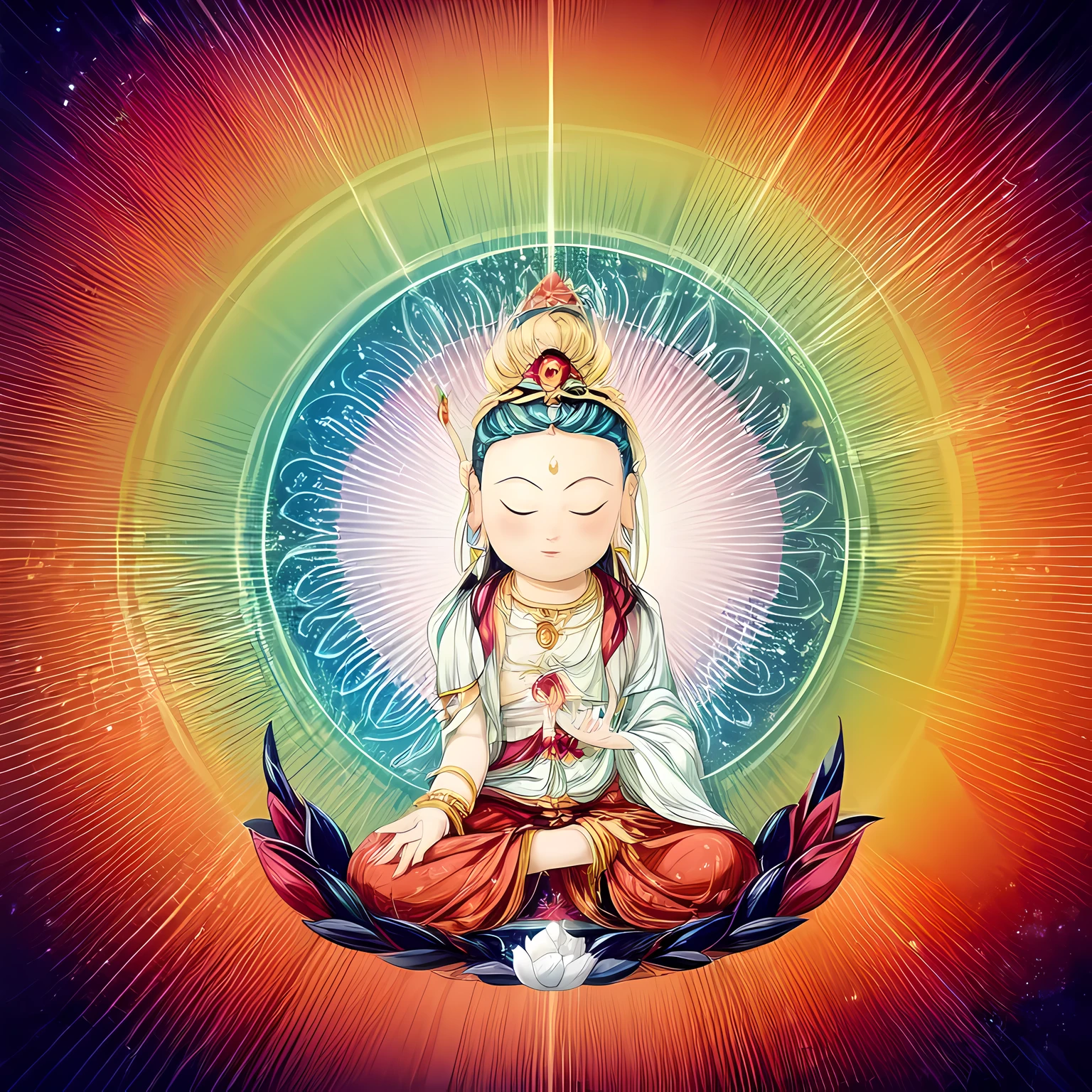 ((mantra and pusa,1boy)),red theme,cloud,stars,starry sky,rainbow,night,sun,crown,necklace,circle,sitting on lotus,(white flower,white lotus),jewelry,bracelet,crescent moon,earrings,magic circle,flower,bird,clock,holding flower,