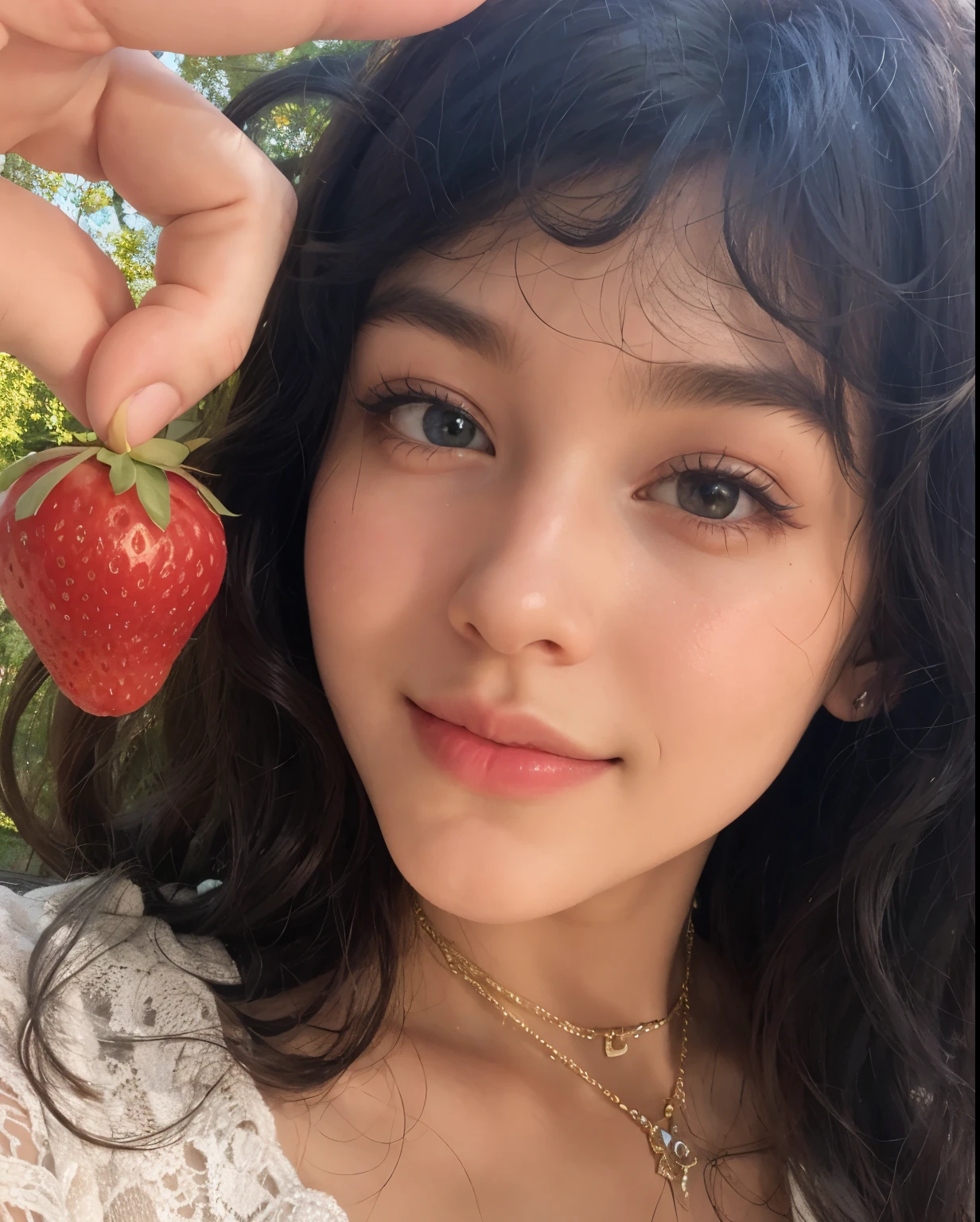 hay una mujer sosteniendo una fresa en la mano, cerveza madison, zendaya, flequillo rizado, melanie martinez, sosteniendo una fresa gigante, soft devil queen cerveza madison, ella tiene la piel color oliva, she is approximately 1 6 years old, julia fuentes, violeta myers, taken in the early 2020s, piel clara, cerveza madison girl portrait, Retrato de Sophie Mudd