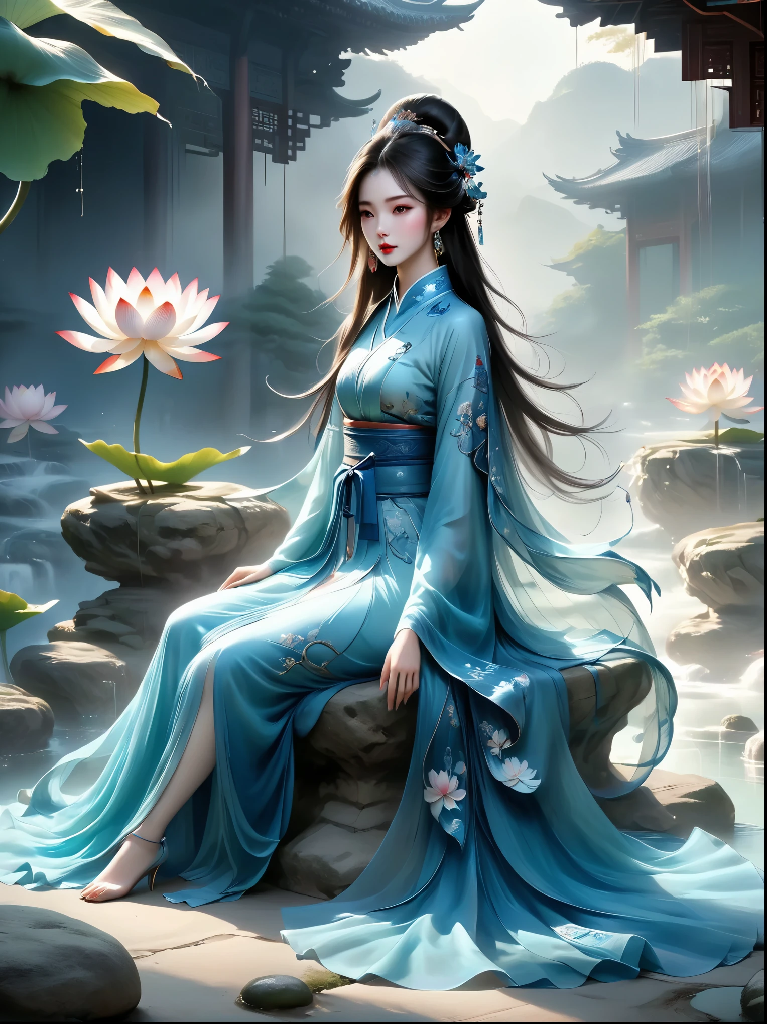 Chinese beauty sitting on the stone, Dressed in ancient Chinese costumes, Flowing blue tulle, Light Silk, Lazy posture, Big lotus leaf, lotus, Ink painting style, Clean colors, Decisive felling, White space, Mode, masterpiece, Ultra Detailed, Epic creation, high quality, best quality, Ultra HD，masterpiece，precise，Anatomically correct，Textured Skin，Awards, Best quality, 8k