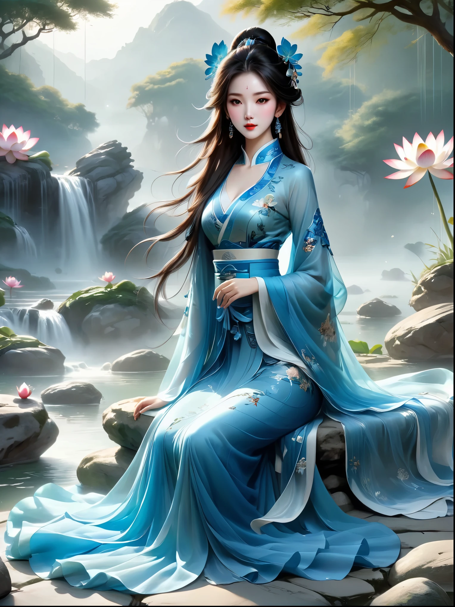 Chinese beauty sitting on the stone, Dressed in ancient Chinese costumes, Flowing blue tulle, Light Silk, Lazy posture, Big lotus leaf, lotus, Ink painting style, Clean colors, Decisive felling, White space, Mode, masterpiece, Ultra Detailed, Epic creation, high quality, best quality, Ultra HD，masterpiece，precise，Anatomically correct，Textured Skin，Awards, Best quality, 8k