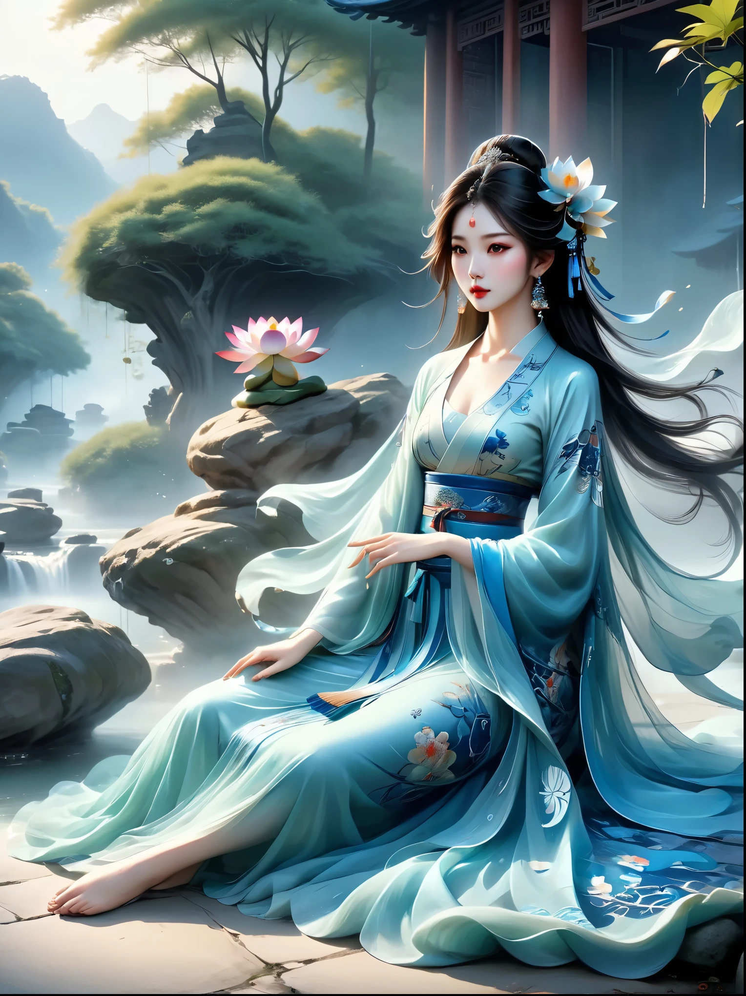 Chinese beauty sitting on the stone, Dressed in ancient Chinese costumes, Flowing blue tulle, Light Silk, Lazy posture, Big lotus leaf, lotus, Ink painting style, Clean colors, Decisive felling, White space, Mode, masterpiece, Ultra Detailed, Epic creation, high quality, best quality, Ultra HD，masterpiece，precise，Anatomically correct，Textured Skin，Awards, Best quality, 8k