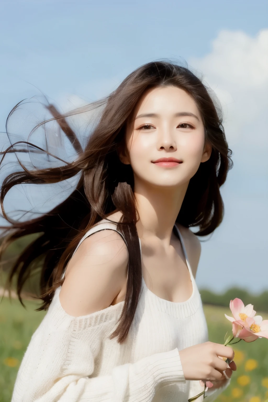 Long Hair Girl The wind is blowing Flowers fluttering