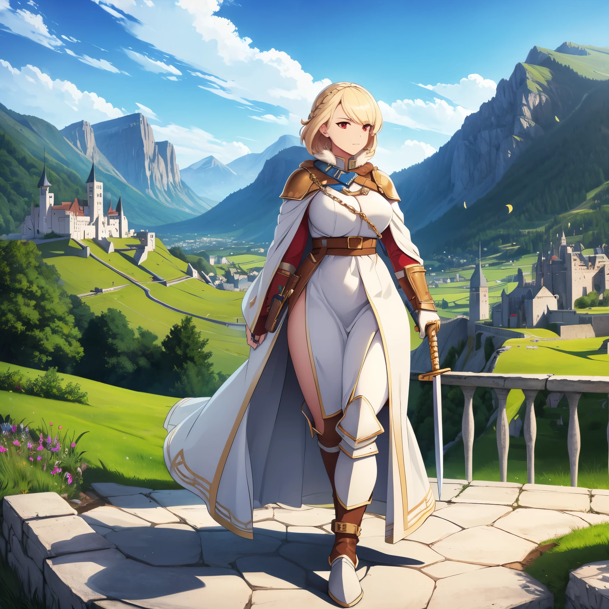 a woman wearing medieval heavy armor, white armor with gold details, metal bracelet, white metal boots, fur cape, holding a medieval medium sword, short blonde hair, red eyes, walking in a medieval fortification overlooking mountains. day place.HDR, masterpiece, well defined, ultra resolution, high quality, 8k HD. (just a woman, solo)