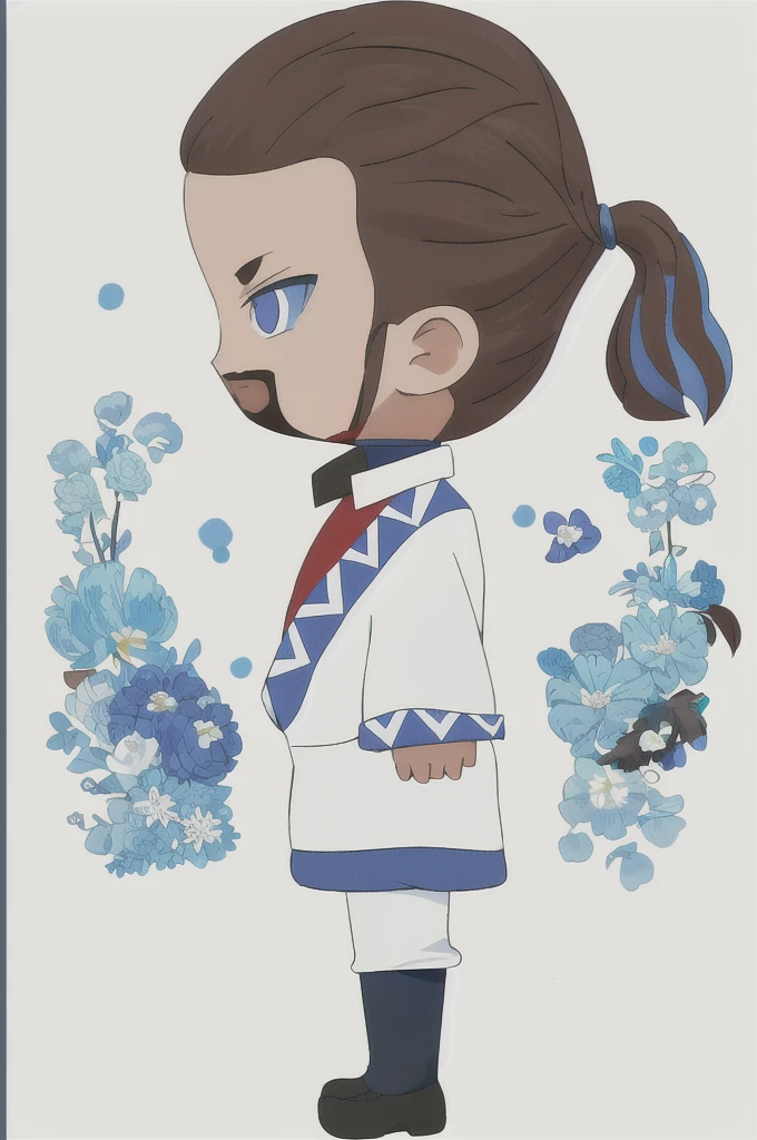 A man in Tibetan clothing，Q version image，front，side，back，The hair is black and shiny，The clothes are blue and white，The shoes are also blue and white，Beard is dark brown