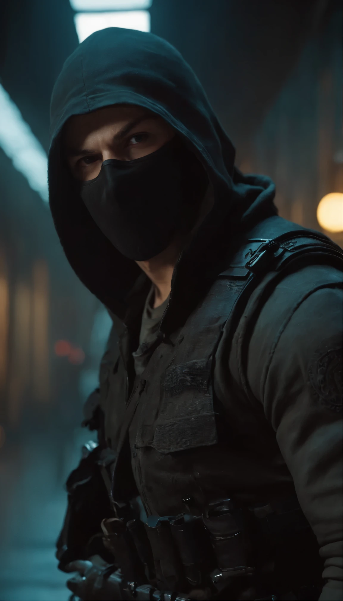 Image of GI Joe,A scene from a movie,In the dimly lit hallways of an old bank、Wearing a smooth black mask、A man came in brandishing a threatening gun.。This scene、The action unfolds like a bank heist movie, featuring the stealth and precision of 8K 3D rendered character art.。His large figure is reminiscent of a cyberpunk street thug.、Blends seamlessly into the grainy, neon-lit background。As expectations rise、He approached the vault.、Prepare for a major heist。 Nearby monitors flicker、Avant-garde teenage assassin on screen、The sharp gaze and long, flowing hair create a striking contrast.
