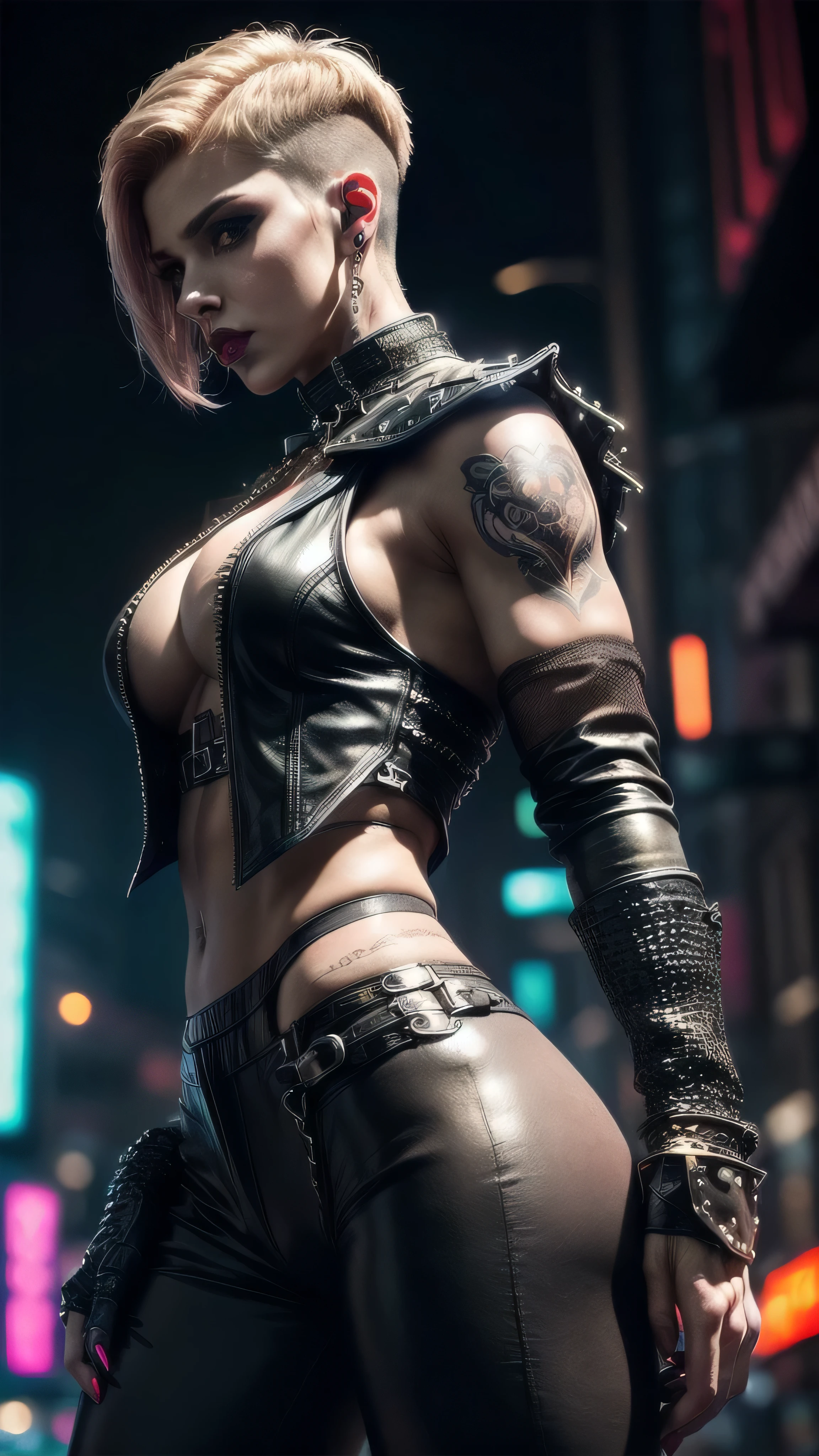 (masterpiece), (extremely intricate:1.3), (realistic), muscular bodybuilder girl, (((short undercut [blonde hair:pink hair:0.7], [flat chest:large breasts:0.6], upper body, makeup:1.6, leather pants, (perfectchainmail black duster vest), red lips, neon night, darkness, shadow, tattoo:1.4, rear view))), outdoors, metal reflections, ((((futuristic cyberpunk street, dangerous)))), professional photograph, sharp focus, dramatic, award winning, cinematic lighting, volumetrics dtx, (film grain, blurry background, blurry foreground, bokeh, depth of field), 8K