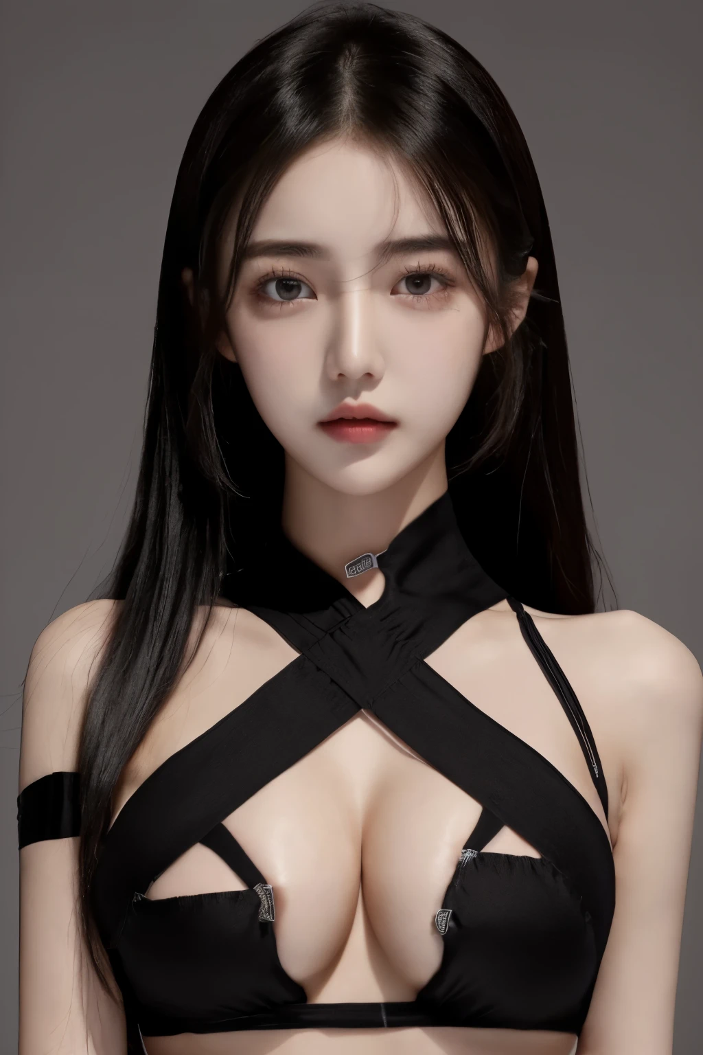 Symmetrical, High Detail RAW Color Photo Professional Photo, [:( High Detail Face: 1.2): 0.1], (lora:PJ DH), pores, real skin, straight up, an 20 year old woman, Dilraba Dilmurat + Kwon Yuri, (clothless:1.2), ((Black Body Tape wraps around the body:1.2)), D-cups breasts, (sexy postures), Studio lighting