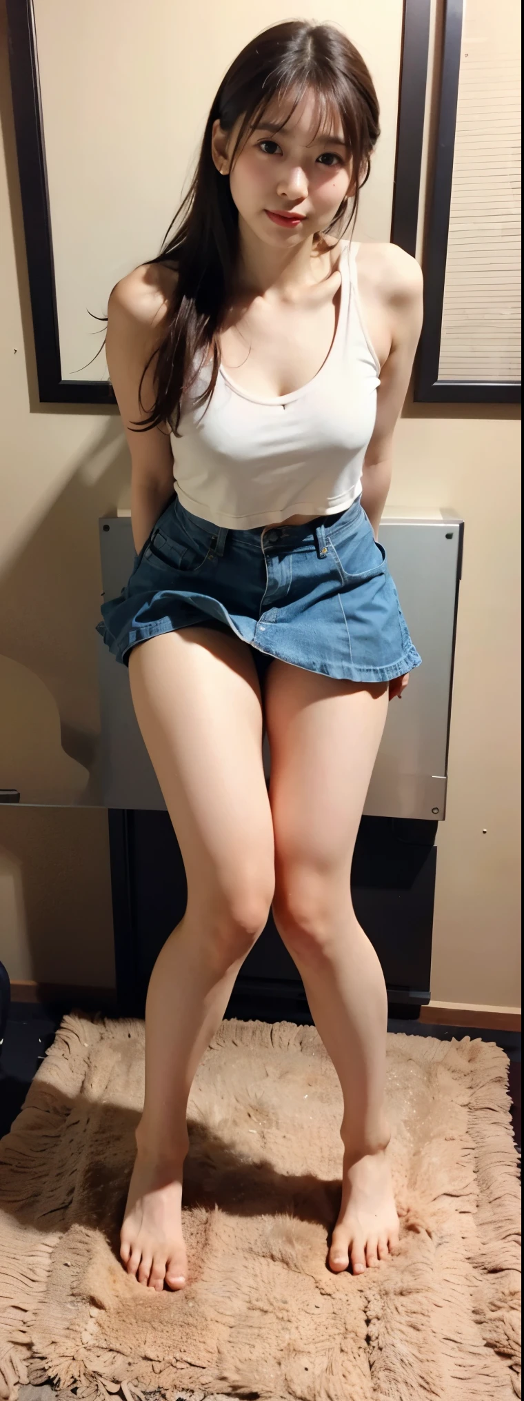 Open shirt, (((Leaning forward))), ((,Round face, Around ,mini skirt、Tank top with loose chest)), Long Hair, , Natural Makeup, Lips become thicker, Sexy Gaze, barefoot, ((Raise one leg)), Shooting from below,Gentle expression ,((Very precise and accurate anatomy)), (masterpiece:1.43), Perfect Proportions, Realistic photos, Full Shot, whole body, (height: 165cm),