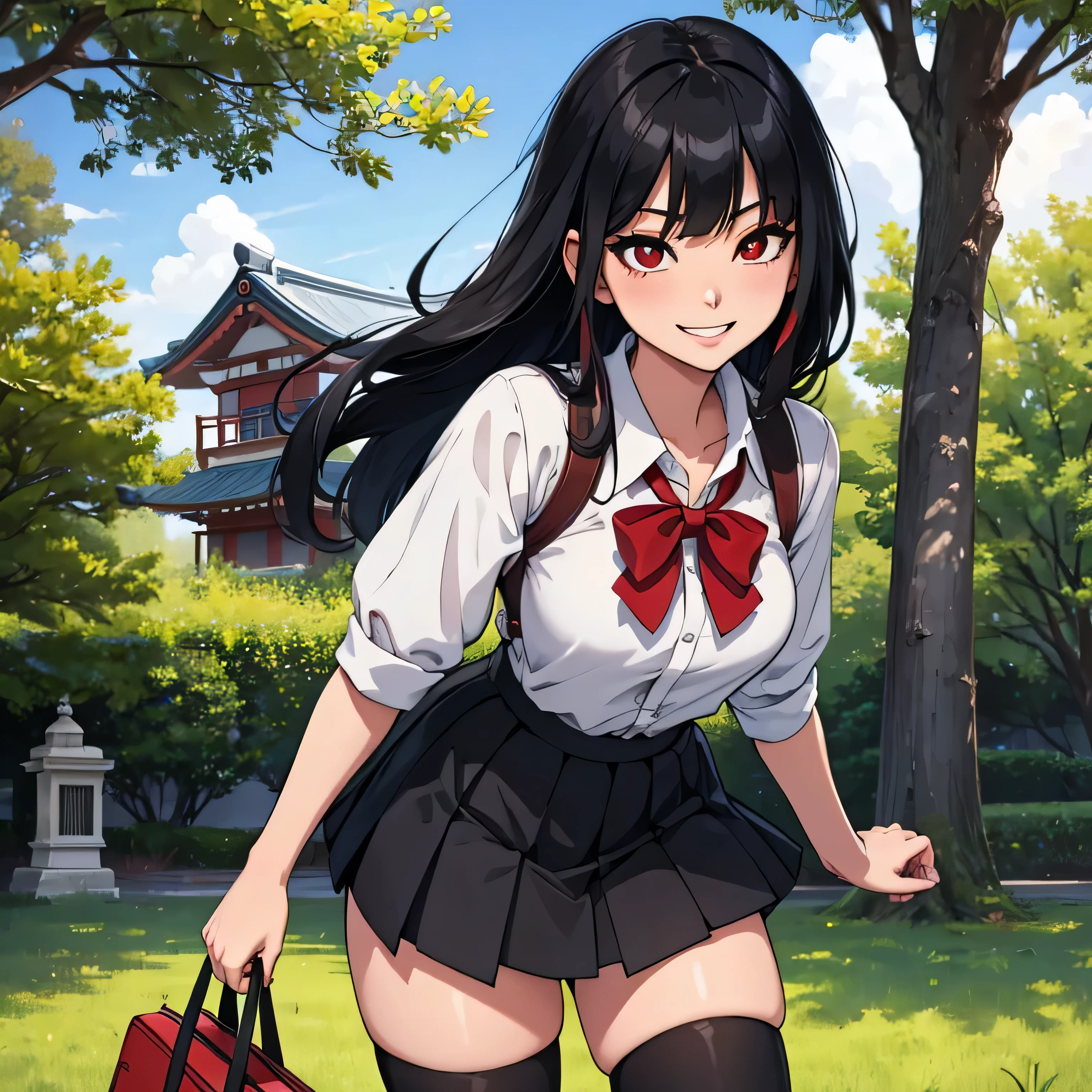 1 Japanese girl, 21 years old, Long black hair, Deep red eyes, Fair skin, Sadistic smile, Yandere, Black skirt, Red shirt, Stockings, Loafers, In the Park, Sunny, Up close.