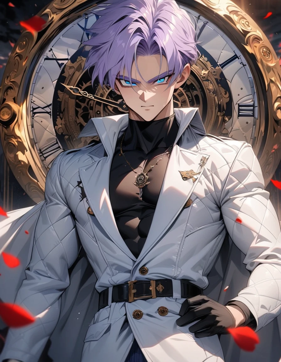 absurdres, highres, ultra detailed, HDR, masterpiece, extremely detailed face and eyes, perfect face, Trunks, light-purple hair, expressive blue eyes, Dragon Ball Z, solo, sexy man, handsome, white coat, tight black shirt, patterns, red roses, black gloves, petals, in woderland, clock