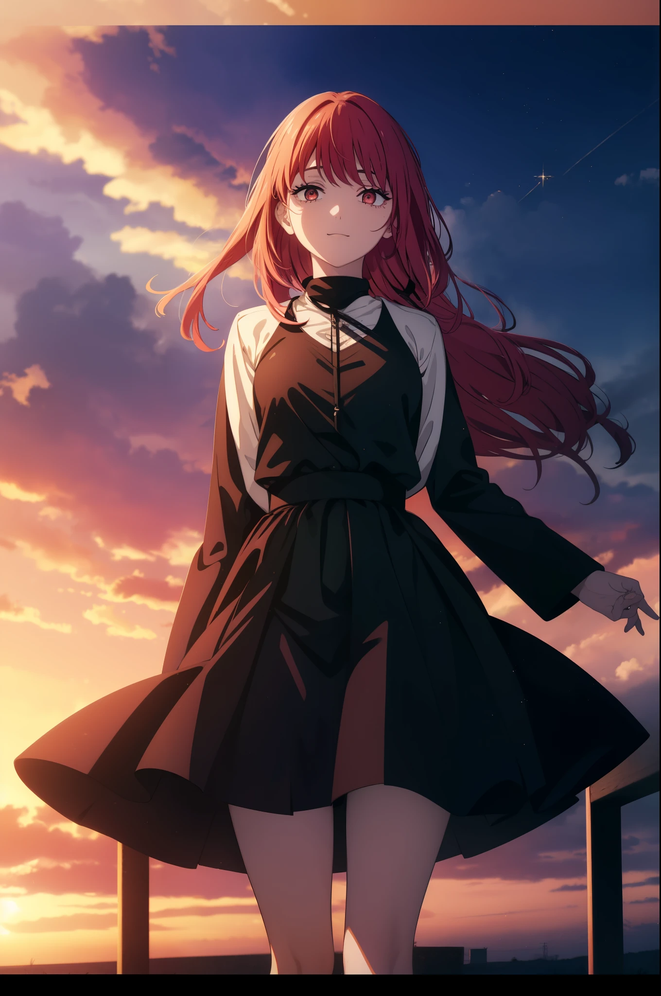 ((((Obra maestra, La mejor calidad, ultrahigh resolution)))), beautiful face, beautiful girl, 1girl, looking at viewer, standing, upper body, red hair, beautiful face, outside, wind blowing, detailed face, eyeliner, detailed red gradient eyes, shiny red eyes, black pupils, , face focus, pretty smile, happy, teeth, hips, pleated skirt, sunset sky
