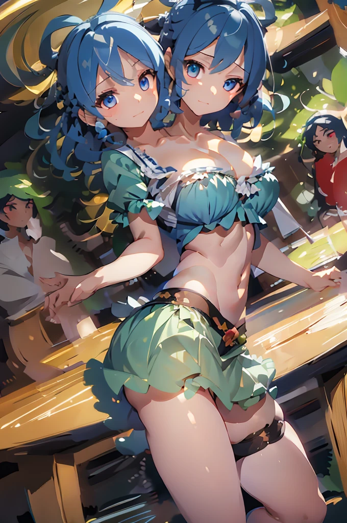 (masterpiece, best quality), best quality, best resolution, (ultra-detailed), (3heads:1.5), 1girl, (seiga kaku:1.3), masterpiece, best quality, ultra quality, ultra resolution, ultra detail, teal top, crop top, ((stomach)), midriff, ((groin)), open belly, teal skirt, miniskirt, normal ears, shackles, blue hair, blue eyes, detailed eyes, (masterpiece:1.5), (best quality:1.5), (beautiful detailed), extremely detailed CG, extremely delicate and beautiful, depth of field, (finely detailed face), (perfect details:1.3), (mature female:1.3), wide pelvis, slender, large veiny breast, 16k resolution, highres, high quality, high definition, extremely detailed, masterpiece, blue hair, long hair, alluring presence, braid, short skirt, close up, big tits, young, Flying Xian Hair Style,