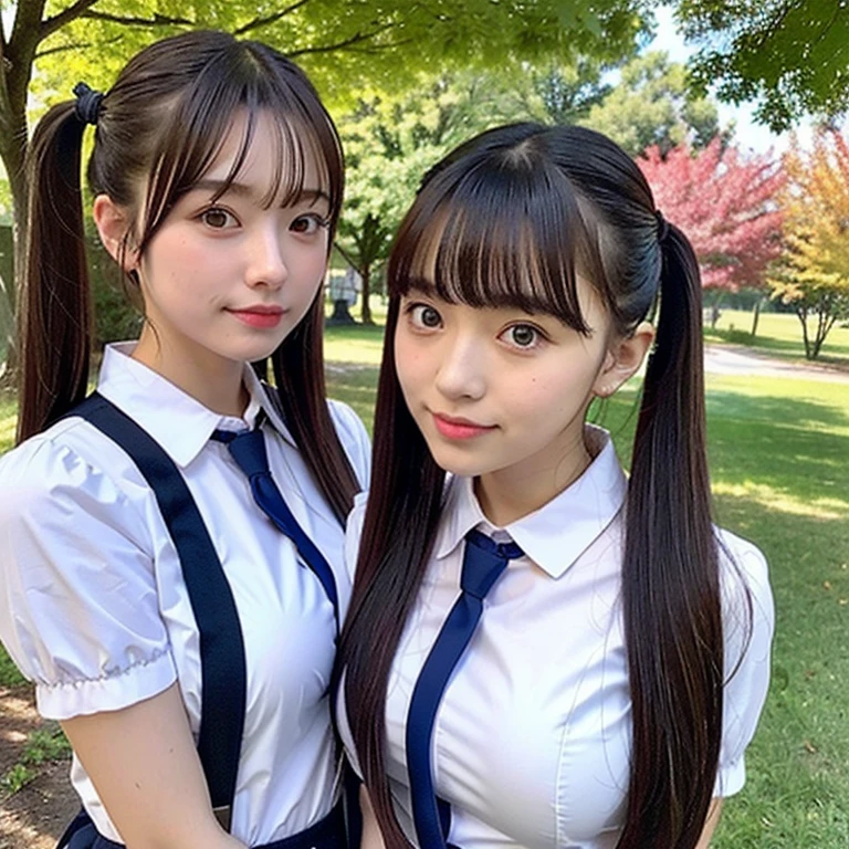 Two girls taking a photo in front of a tree, sakimichan, Chiho, Twin tails, 🍁 cute, Ulzzang, 🚿🗝📝, Twin tails hairstyle, seifuku, 8k selfie, shikamimi, Two Pigtails Hairstyle, Middle Metaverse, Twin tails white_gloves,Huge breasts