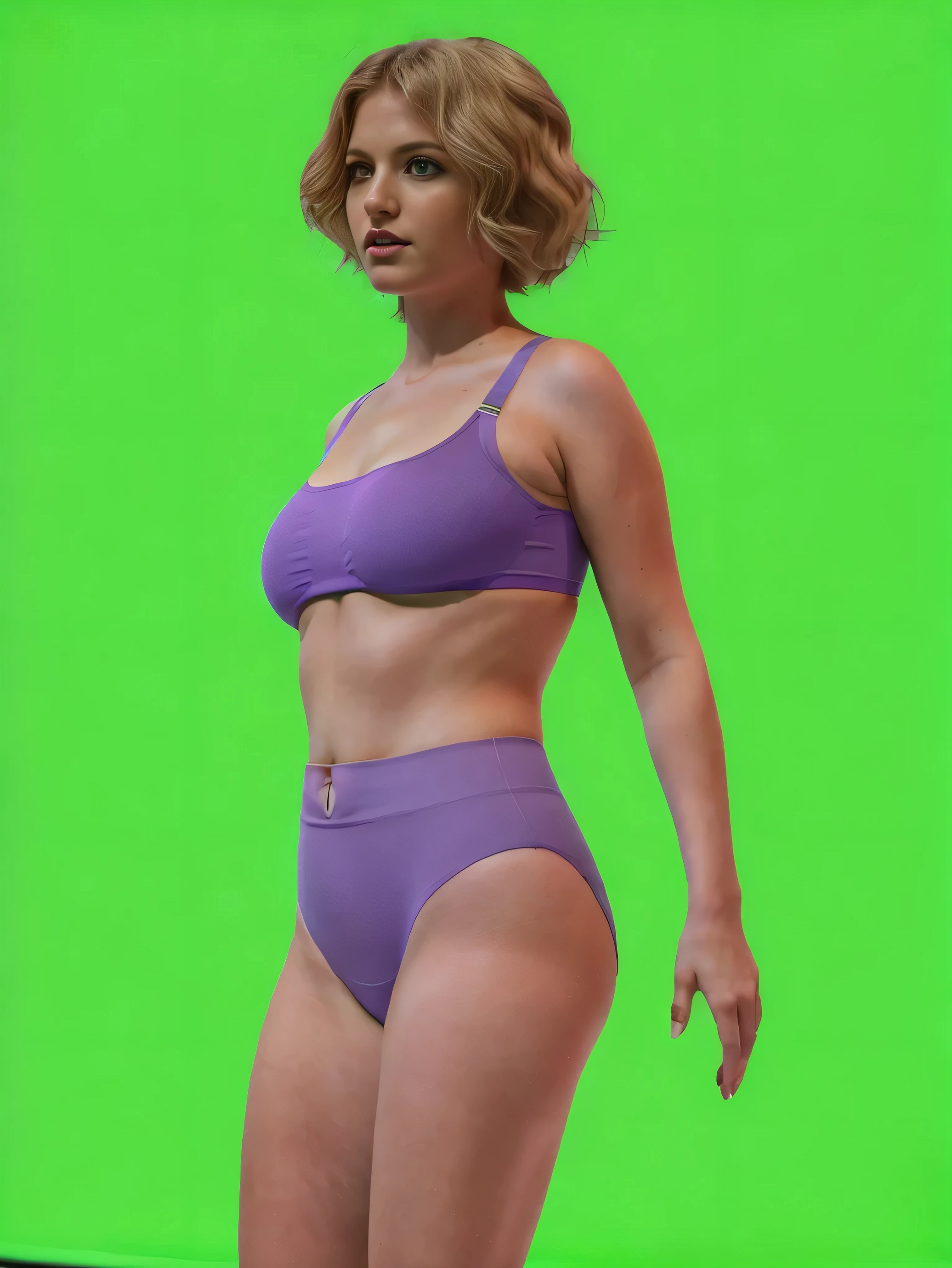 ((masterpiece, best quality)), ((30 year old)), (((Curvy))), ((Finnish woman with short blonde hair)), in ((purple cotton high cut panties)), ((purple sports bra)), ((big hips)), (standing in front of a green screen), (((photo realistic)))