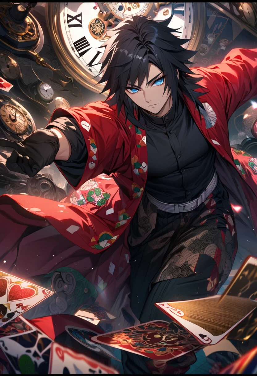 Ultra detailed, highres, absurdres, HDR, Tomioka Giyuu, black hair with bangs, blue eyes, Kimetsu No Yaiba, red long coat, black tight shirt with patterns, clock, gear, in wonderland, heart cards, sexy man, solo, handsome, very detailed face and eyes, black gloves