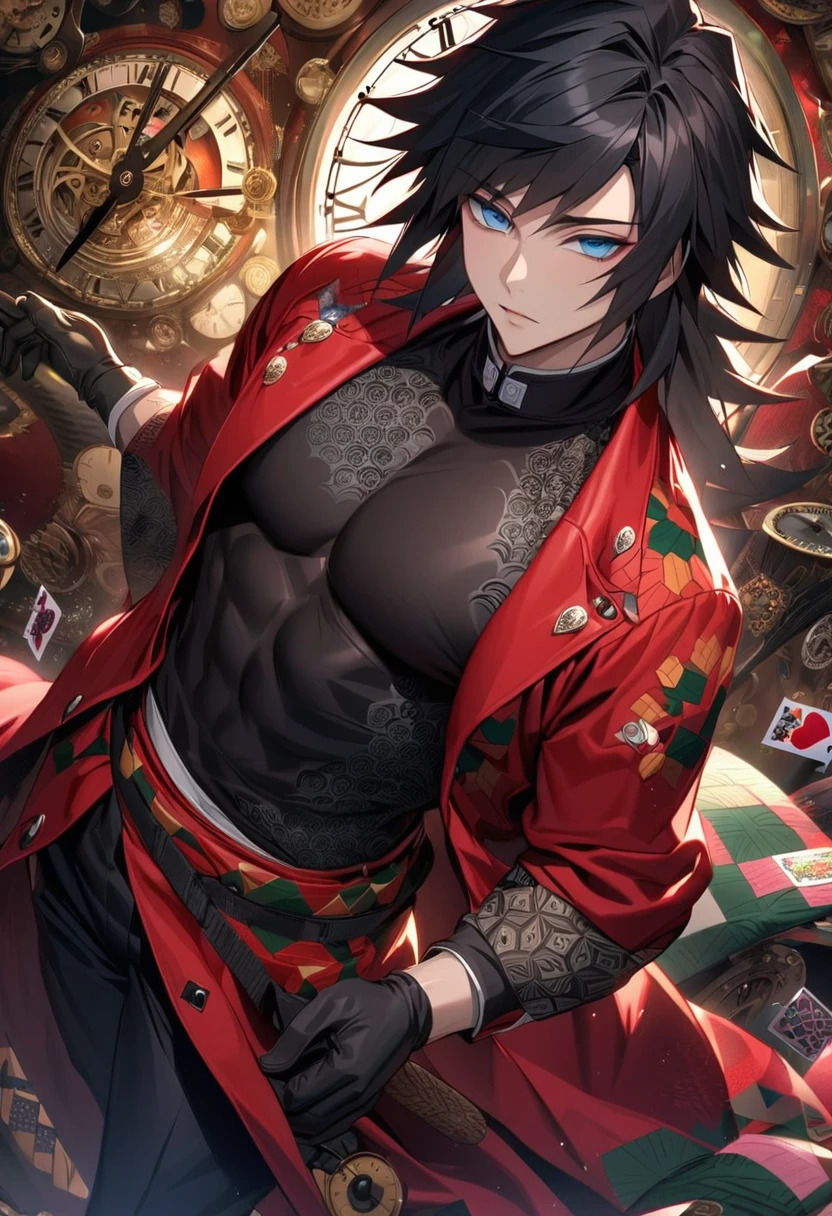 Ultra detailed, highres, absurdres, HDR, Tomioka Giyuu, black hair with bangs, blue eyes, Kimetsu No Yaiba, red long coat, black tight shirt with patterns, clock, gear, in wonderland, heart cards, sexy man, solo, handsome, very detailed face and eyes, black gloves