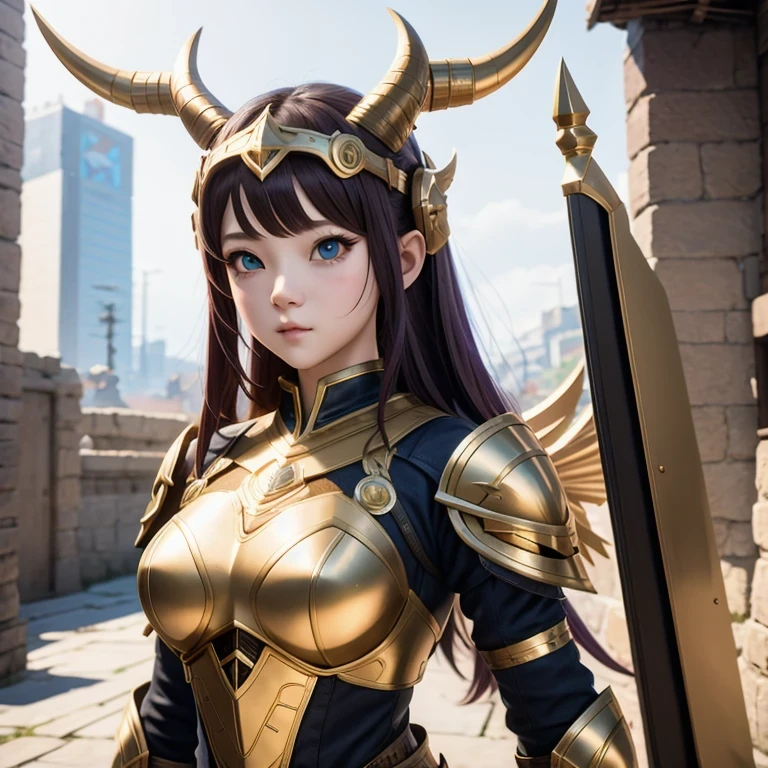 side，close up，There was a woman wearing a horned helmet, Unreal Engine render + goddess, 3D Rendering Character Art 8K, Rendering a cute 3D anime girl, Personagem pequeno. Unreal Engine 5, Realistic anime girl rendering, Valkyrie-style character, Akihiko Yoshida. Unreal Engine, Girl in knightly armor, Artwork in the style of Guweiz, 1 Girl, Solitary，