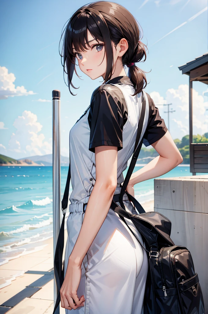 (masterpiece:2.0), (highest quality:2.0), (Swimming naked in the sea:1.3), (Tiny T-back white camisole dress:1.5), (Ultra-thin fabric:1.5), (fully exposed shoulders:1.5), (fully exposed nape:1.5), (side view:1.5), (Super Sexy Pose:1.5), (blushing face:1.3), (spill :1.4), (realistic:1.5), One , precise small needle, embarrassed look, light smile, Very cute girl, baby face, clear eyes, shining eyes, small breasts, I can see the cleavage, I can see my crotch, no pubic hair, beautiful skin, Super fine, highest resolution, Japanese high school student, brown hair