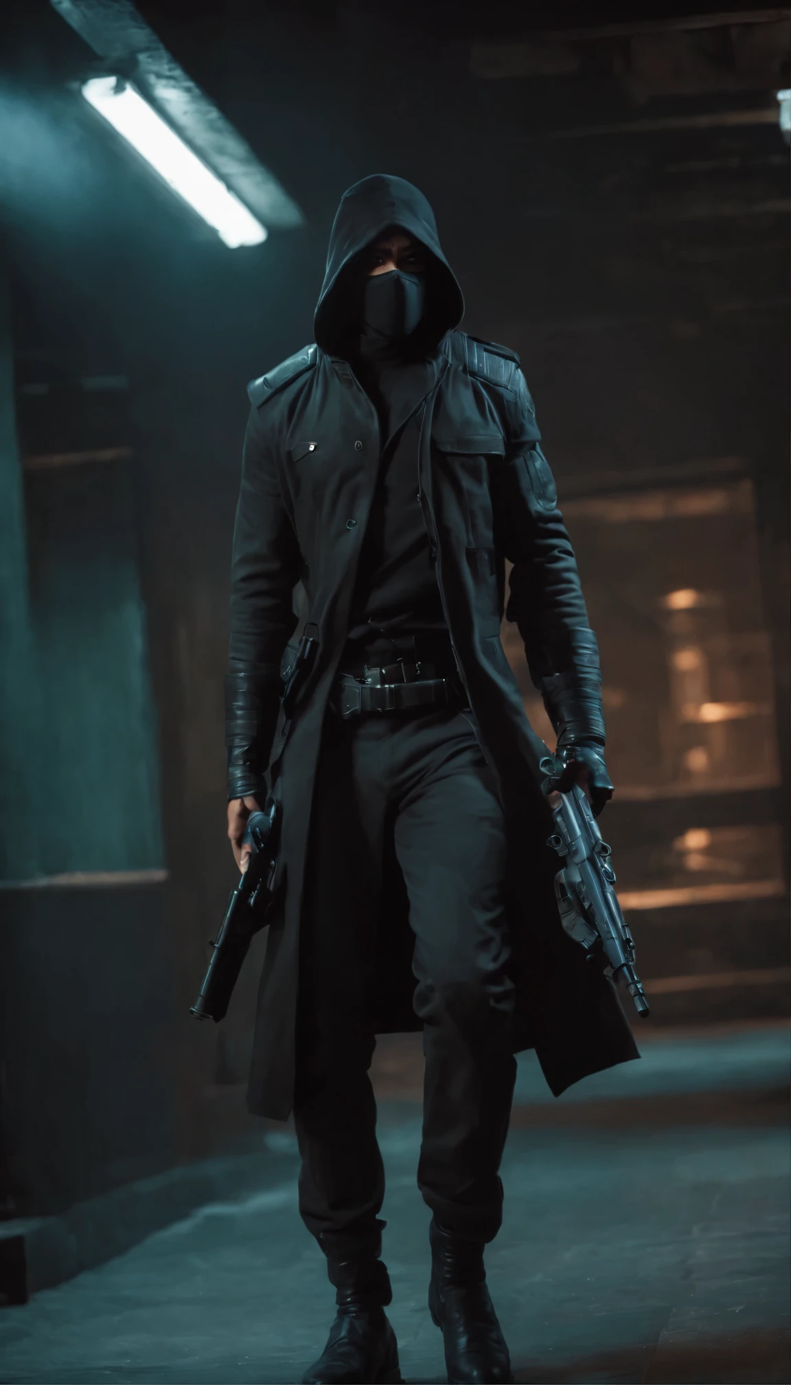 Image of GI Joe,A scene from a movie,In the dimly lit hallways of an old bank、Wearing a smooth black mask、A man came in brandishing a threatening gun.。This scene、The action unfolds like a bank heist movie, featuring the stealth and precision of 8K 3D rendered character art.。His large figure is reminiscent of a cyberpunk street thug.、Blends seamlessly into the grainy, neon-lit background。As expectations rise、He approached the vault.、Prepare for a major heist。 Nearby monitors flicker、Avant-garde age assassin on screen、The sharp gaze and long, flowing hair create a striking contrast.