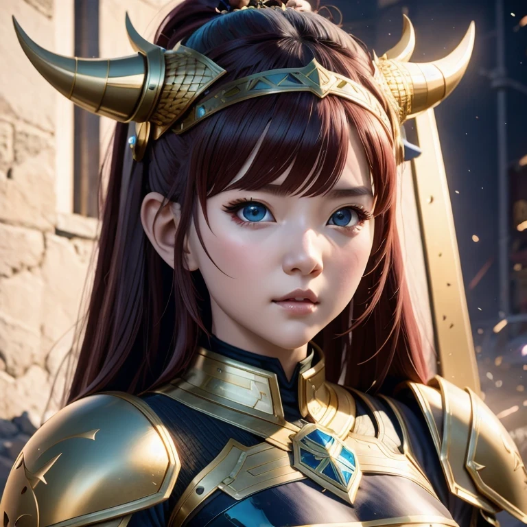 side，close up，There was a woman wearing a horned helmet, Unreal Engine render + goddess, 3D Rendering Character Art 8K, Rendering a cute 3D anime girl, Personagem pequeno. Unreal Engine 5, Realistic anime girl rendering, Valkyrie-style character, Akihiko Yoshida. Unreal Engine, Girl in knightly armor, Artwork in the style of Guweiz, 1 Girl, Solitary，