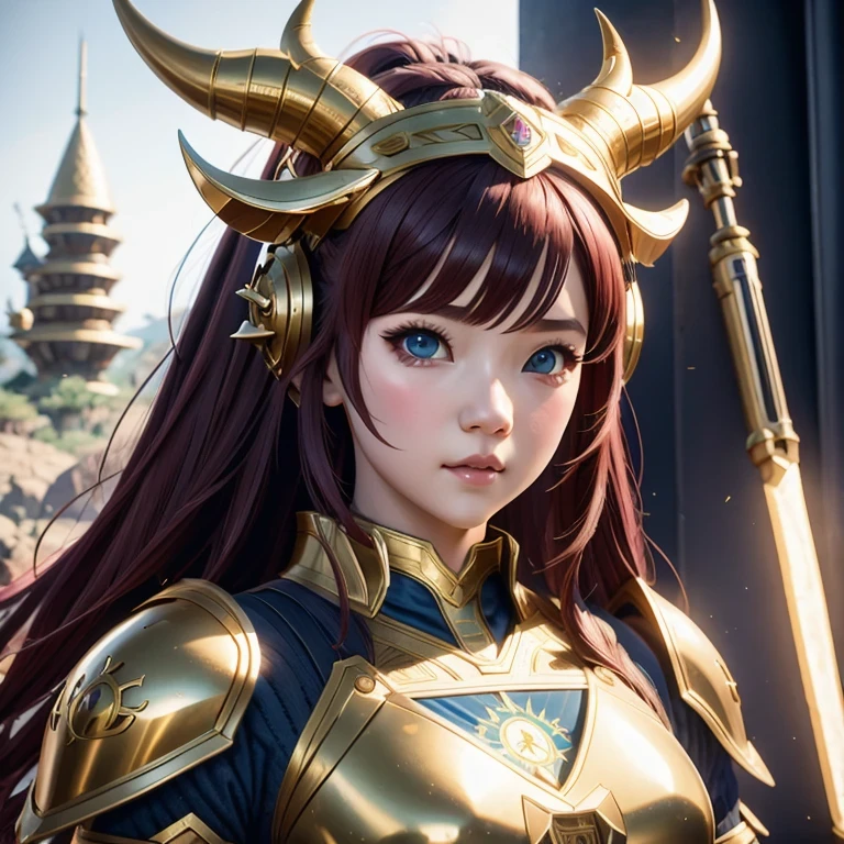 side，close up，There was a woman wearing a horned helmet, Unreal Engine render + goddess, 3D Rendering Character Art 8K, Rendering a cute 3D anime girl, Personagem pequeno. Unreal Engine 5, Realistic anime girl rendering, Valkyrie-style character, Akihiko Yoshida. Unreal Engine, Girl in knightly armor, Artwork in the style of Guweiz, 1 Girl, Solitary，