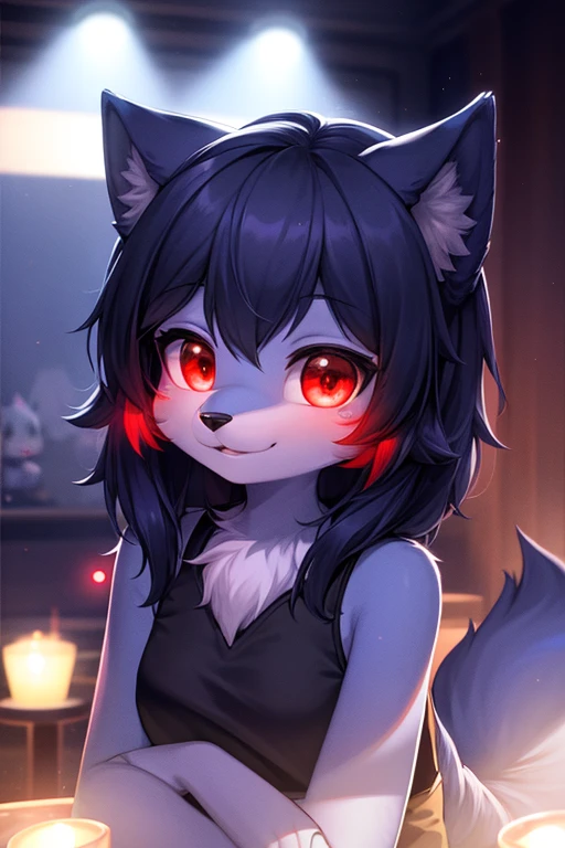 Furry, navy blue fur, super cute face, red elements on fur, beautiful lights and shadows, ambient light, super fine fur, volumetric light